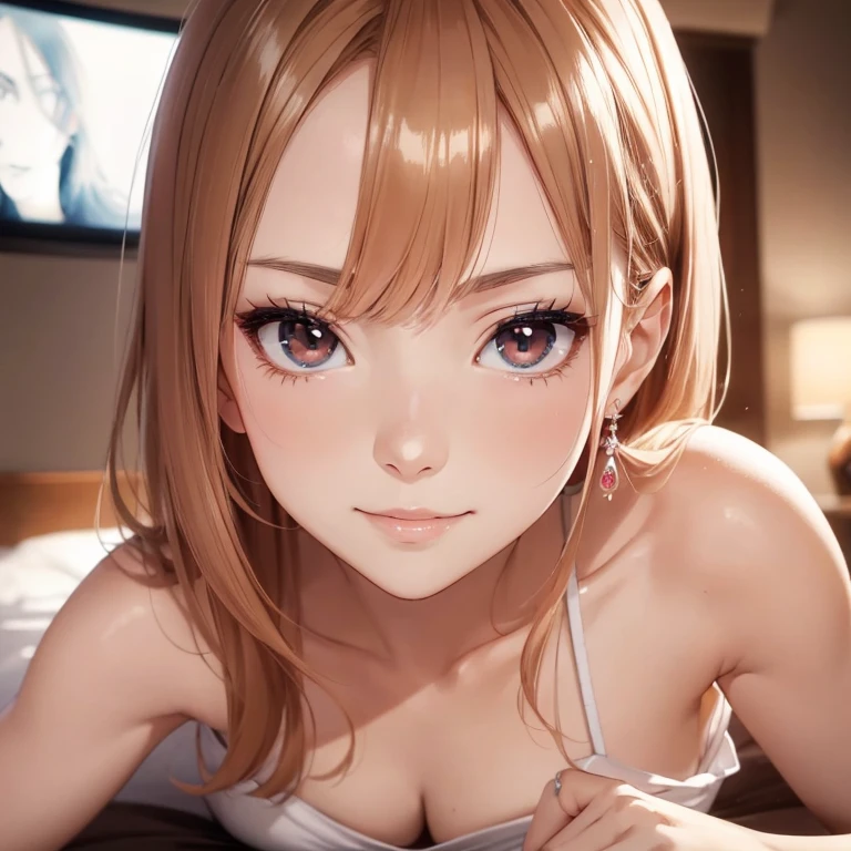 (masutepiece: 1.3), (max resolution: 1.2), (Ultra HDTV: 1.2), cinematric light, 8K resolution, Detailed eyes and skin, detailed facial features, (Slender figure: 1.2), (Focus on Face: 1.2), Perfect Style, Beautiful girl, Acurate, Anatomically correct, Highly detailed face and skin texture, Detailed eyes, Double eyelids, natural cheeks with a rosy glow, Shiny lips with a gentle gloss, Sexy pose, Cute smile, Seductive allure, (Morning Chun: 1.2), Sheets softly