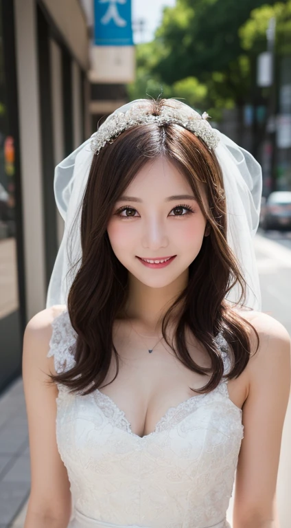 Tabletop, highest quality, figure, Very detailed, In detail, High resolution, 8k wallpaper, Perfect dynamic composition, Beautiful fine details, White Wedding Dress,Medium Hair, Center of chest, Natural color lip, Random sexy poses,smile,Aoyama Street Walk、20-year-old girl