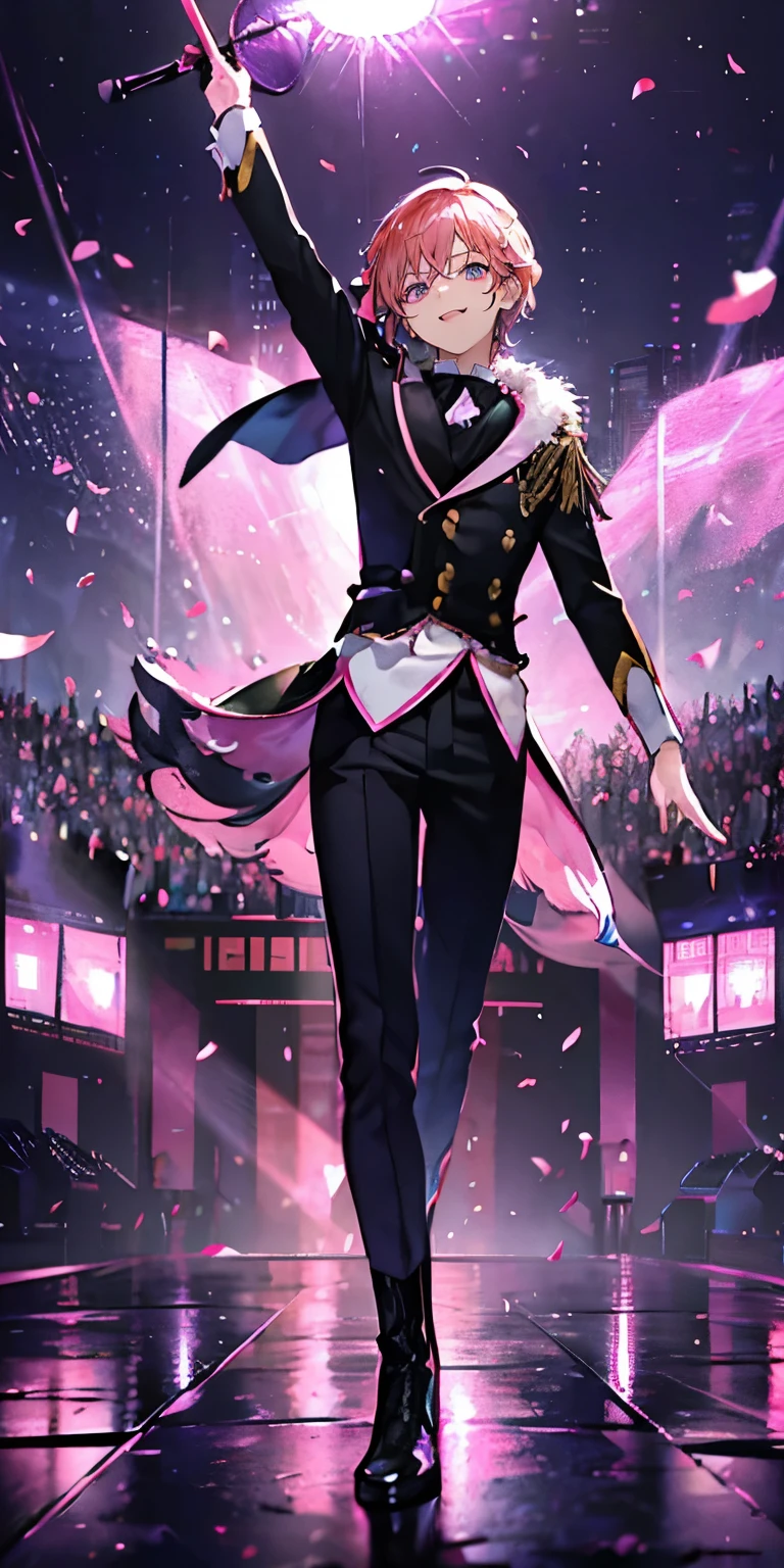 (Mastepiece), (Best Quality), Very detailed, ((1 boy)), Perfect Face, Beautiful Face, Very detailedな顔，((Pink Hair_short hair_Pink Eyes:1.3))，Male solo idol、Gorgeous idol costumes、Cape、boots、(pants:1.2)、(Hold the microphone)、stage、Concert Dome、Lots of confetti、(smile:1.4)、(Open your mouth wide)、sing、dance、Wink、Laser light、Spotlight