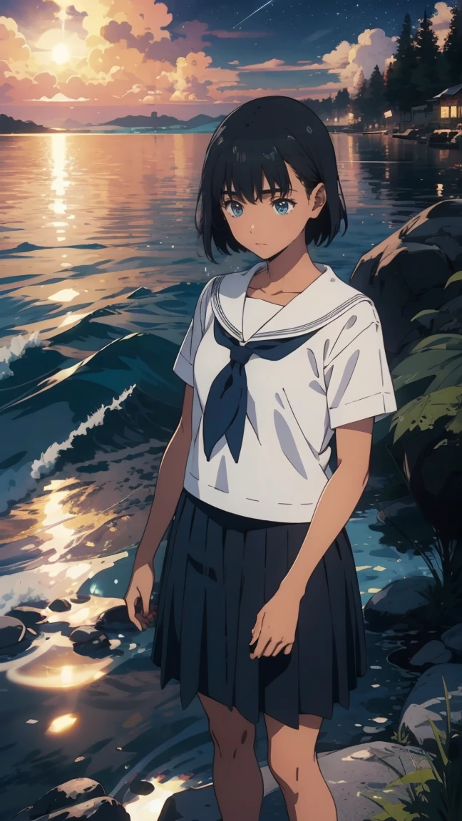 {{kofune mio}}, {summertime render}, blue eyes, black short hair, Calm expression,A faint blush, medium breasts, dark skin, dark-skinned female, white serafuku, short sleeves, black neckerchief, white sailor collar black pleated skirt,1girl, solo,very aesthetic, best quality, amazing quality, ,curated, illustration, highly detailed, anime coloring,Night sea background, BREAK,Golden Hour, (Rim Light):1.2, Warm tones, Solar flare, Soft Shadows, Vibrant colors, Painterly effect, Dream-like atmosphere BREAK Beautiful sea, Calm water, reflection, Clouds illuminated by the moon, Peaceful atmosphere, Beautiful starry sky, Super detailed, Official Art, unity 8k wallpaper , Tangled, Mandala