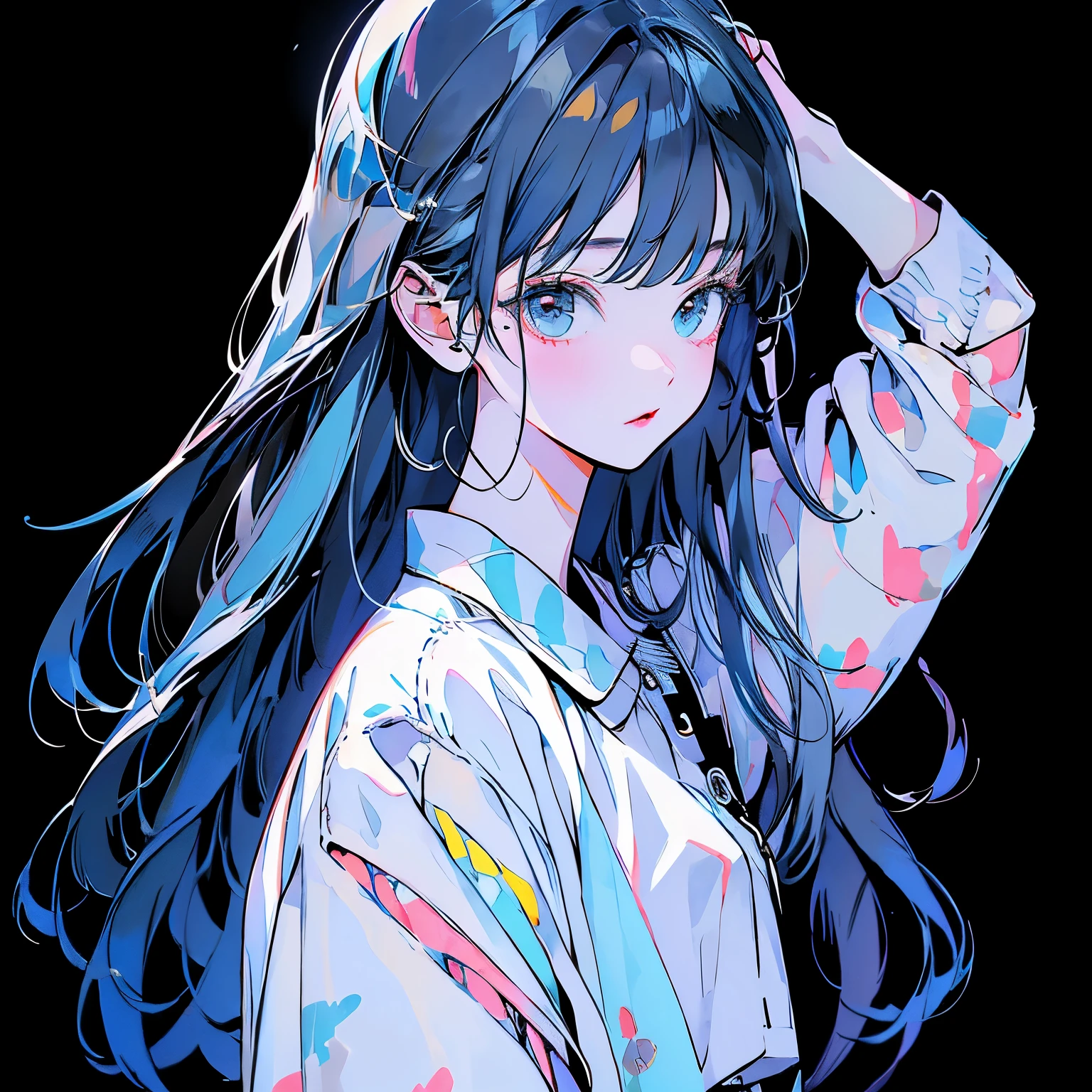 Masterpiece、One girl、Light blue hair、Fashionable clothes、Pitch black background