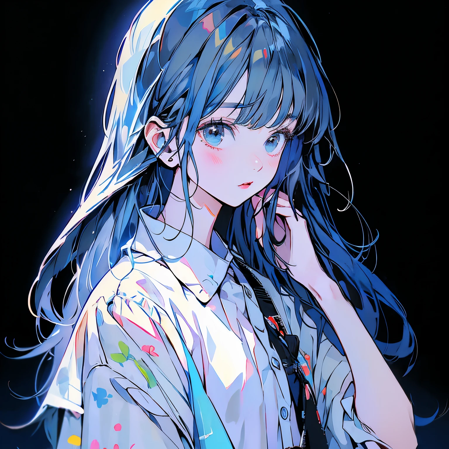 Masterpiece、One girl、Light blue hair、Fashionable clothes、Pitch black background