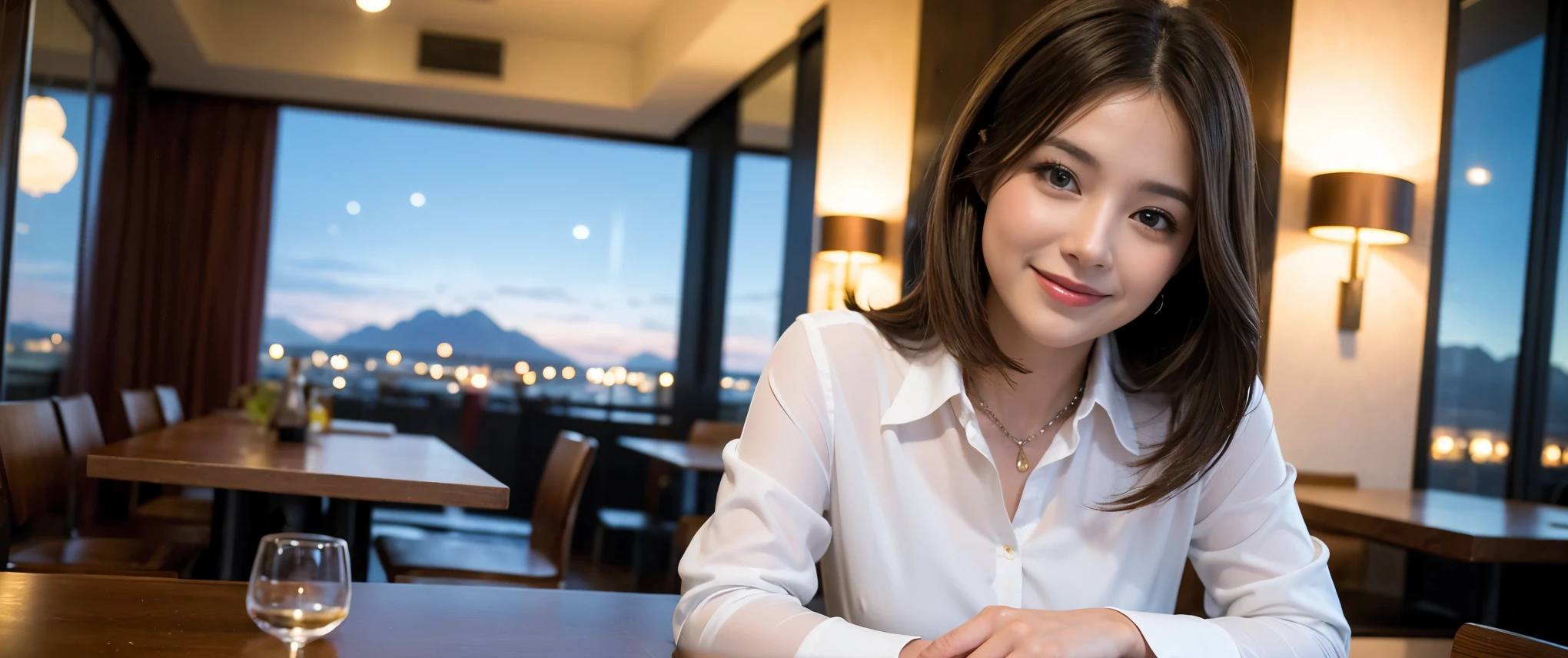 ((highest quality、8k、masterpiece:1.3))、Sharp focus:1.2、Beautiful woman perfect body:1.4、slimなボディ、((Bob Hale、Straight hair:1.2))、(to be born, highest quality, masterpiece:1.5), (Realistic, Intricate details:1.2), Ultra-high resolution, Amazing view of the sunset sky and clouds、Amazing mountain views、ニコニコ明るいsmile、smileの素敵な女性、Bright image、2. The beauty of wine, Beautiful Face, blue eyes, The light shines on your face, Blushing, short hair,Bright Face、Fox face、 (36 years old), 39 years old, Lady、red wine 、Appetizers、Italian food、Wine bottle、Champagne、sparkling wine、Two beauties、Brown Hair、Shortcuts、Long sleeve shirt、dress、Pretty Woman 1, (slimな顔), (The body is slim), (Brown Hair), (Shortcuts), cheeks turn a little red,Attractive beauty、, Out of the window, A beautiful and detailed night view unfolds.........., restaurant, In a prominent place (From the waist up) Nova Frog Style, actress, model, Upper Body, White wine, slim, wine glass, 真ん中に置かれたwine glass, smile, (smile: 1.15), Beautiful fine grain, Depth f/2,saturation, High Contrast, Strong light and shadow,Moist Body:1.5、3D texture、Delicate eyes、Brown Hair、The hair is very shiny、