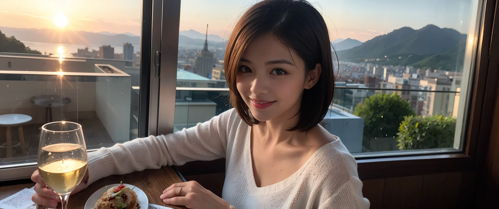 ((highest quality、8k、masterpiece:1.3))、Sharp focus:1.2、Beautiful woman perfect body:1.4、slimなボディ、((Bob Hale、Straight hair:1.2))、(to be born, highest quality, masterpiece:1.5), (Realistic, Intricate details:1.2), Ultra-high resolution, Amazing view of the sunset sky and clouds、Amazing mountain views、ニコニコ明るいsmile、smileの素敵な女性、Bright image、2. The beauty of wine, Beautiful Face, blue eyes, The light shines on your face, Blushing, short hair,Bright Face、Fox face、 (36 years old), 39 years old, Lady、red wine 、Appetizers、Italian food、Wine bottle、Champagne、sparkling wine、Two beauties、Brown Hair、Shortcuts、Long sleeve shirt、dress、Pretty Woman 1, (slimな顔), (The body is slim), (Brown Hair), (Shortcuts), cheeks turn a little red,Attractive beauty、, Out of the window, A beautiful and detailed night view unfolds.........., restaurant, In a prominent place (From the waist up) Nova Frog Style, actress, model, Upper Body, White wine, slim, wine glass, 真ん中に置かれたwine glass, smile, (smile: 1.15), Beautiful fine grain, Depth f/2,saturation, High Contrast, Strong light and shadow,Moist Body:1.5、3D texture、Delicate eyes、Brown Hair、The hair is very shiny、