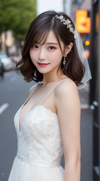 Tabletop, highest quality, figure, Very detailed, In detail, High resolution, 8k wallpaper, Perfect dynamic composition, Beautiful fine details, White Wedding Dress,Medium Hair, Center of chest, Natural color lip, Random sexy poses,smile,Aoyama Street Walk、20-year-old girl