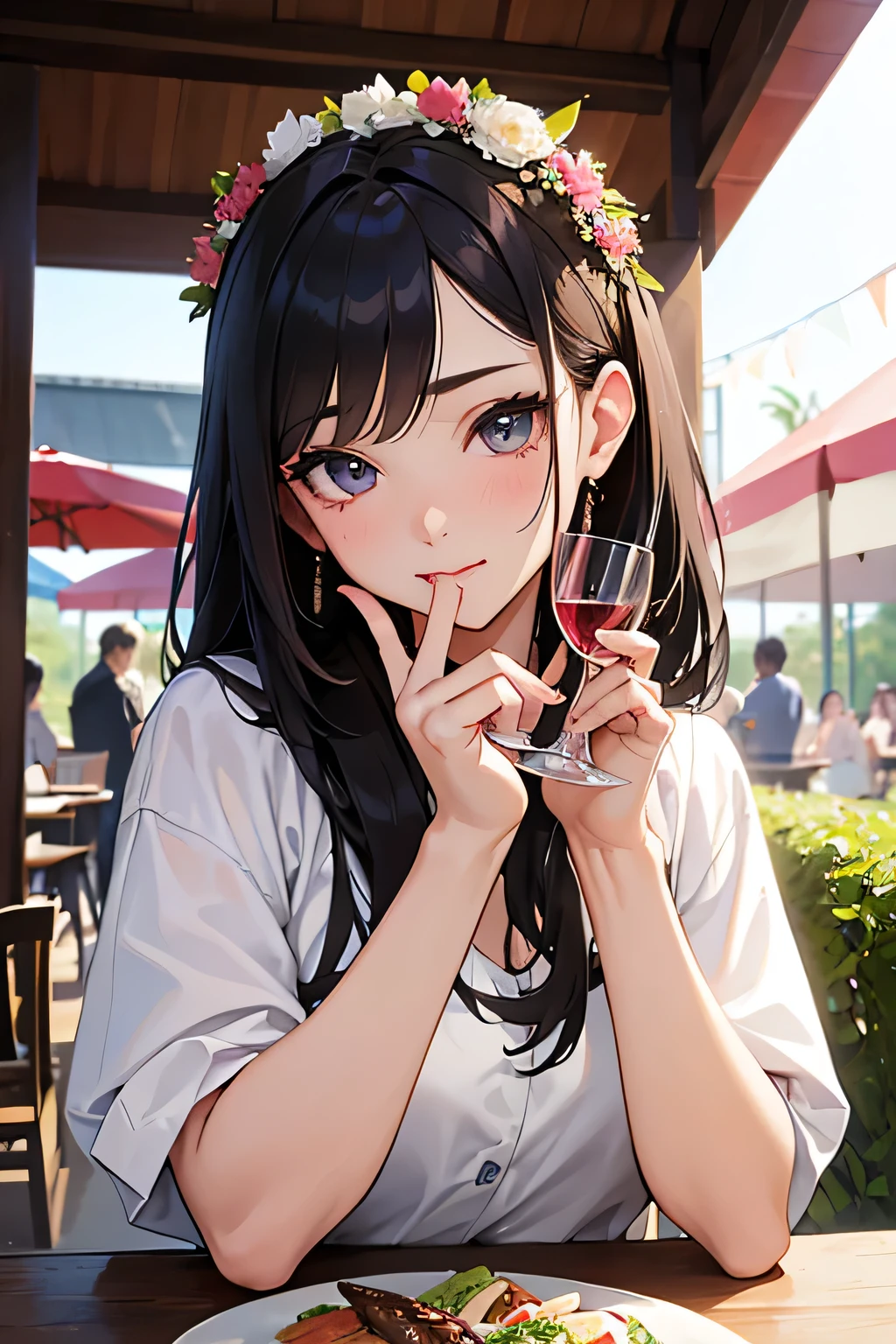 highest quality、High resolution、Detailed Background、(Beautiful face in every detail:1.4)、Anatomically correct、(Detailed facial expressions)、(Detailed eyes:1.2)、(Detailed eyes:1.2)、Beautiful girl in her 20s、(Highly detailed face:1.4)、Brightly colored hair、well-groomed eyebrows、Cute Eye Makeup、Cute Lip Makeup、Cute clothes with little exposure、Wine Festival、Feeling happy、Summer evening、A winery with a beautiful garden、Wine Festival、
Enjoy music and performances while sipping wine and delicious food、
Visit the colorful tents and booths々I enjoy a wide variety of wines.、
people々I am enjoying a wine tasting with a glass in my hand and am impressed by the taste of the wine in my mouth.、Around the venue, there are food trucks and restaurant booths where chefs serve delicious dishes.、To enjoy the pairing with wine々Hasama々I try new dishes and share them with my friends and family.
