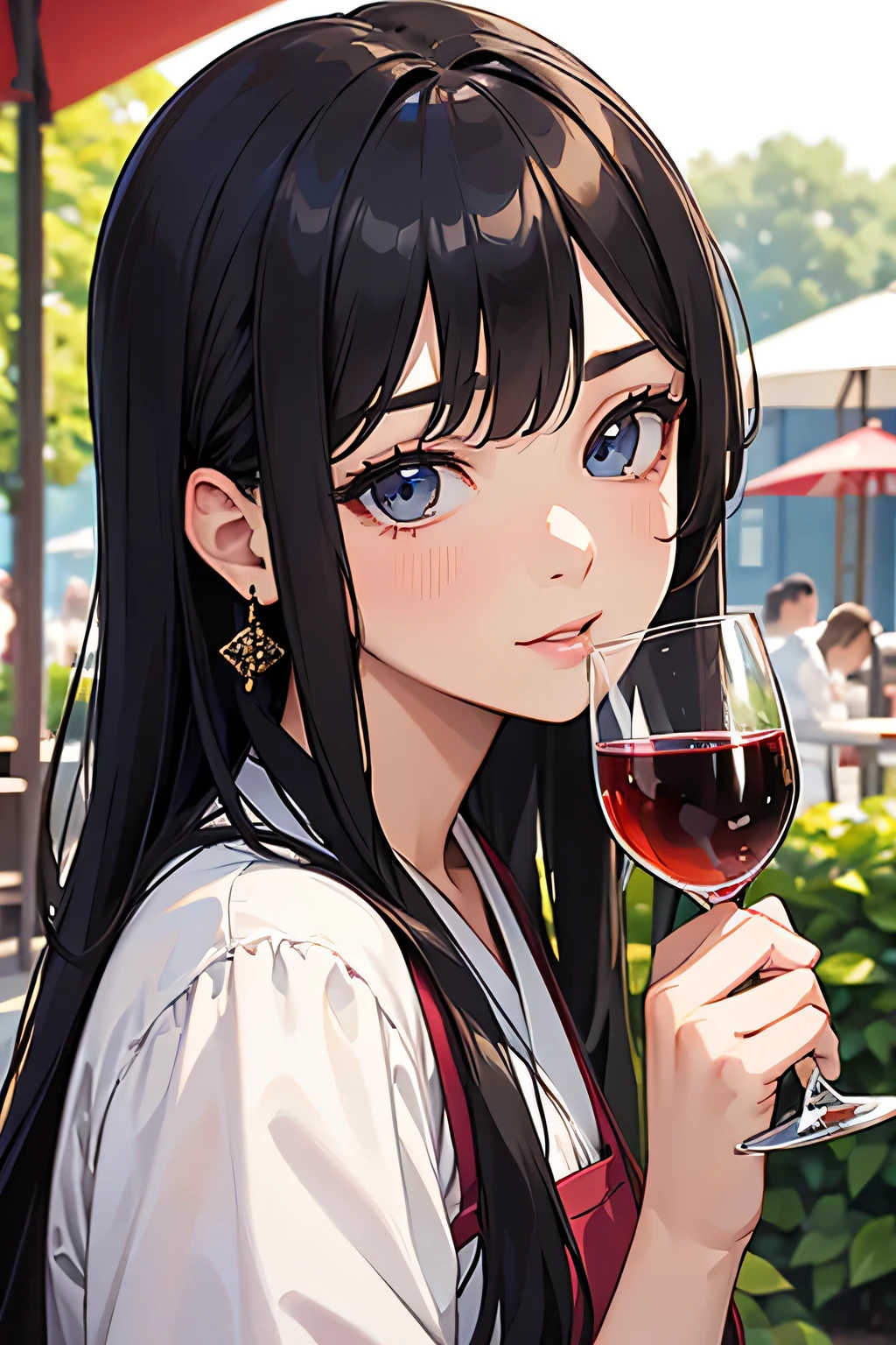 (looking away:1.5)、side ungle,Upper Body,
Realistic, real person, (pale skin: 1.2), RAW photo, photorealistic, shiny skin, shiny hair、
(A 25-year-old woman with straight hair and bangs) and (medium hair) and (black hair) and (purple eyes) ,
yukata,
smile, Holding a glass、The background is the banquet hall