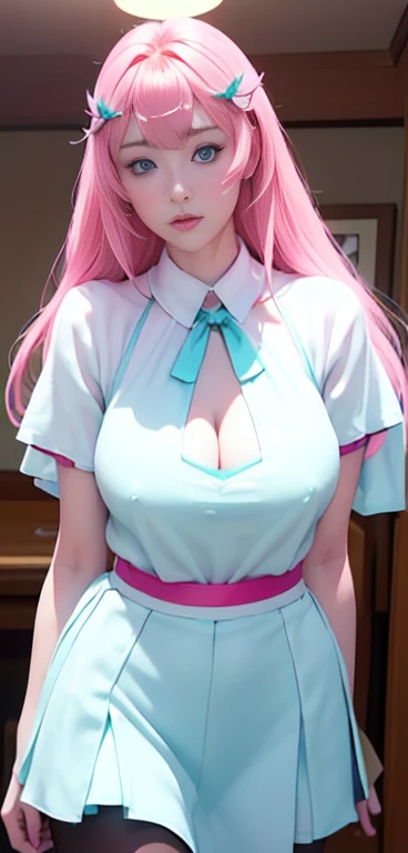 ((Top Quality、16K、masterpiece:1.3))、a tall and beautiful woman、Perfect Figure:1.4、(dream aesthetic) Slim Abs, young natural girl (beautiful) solo, long voluminous pale-pink hair 、messy hairstyle (with hair bangs), turquoise-blue eyes, pale-white skin (highlighted, realistic shading), No postural movement、Stand up straight、Huge bust、Highly detailed facial and skin texture、(A detailed eye, Symmetry Eyes, Clear realistic eyes, Double eyelidd、Cold-stricken face、Symmetrical face), very realistic skin, goth makeup, Royal sisters full of fans、The Telegraph Esbian、peach buttocks, white shirt, black skirt, black tights, cleavage, squart、(Raw foto:1.2)、((Photorealcitic:1.4))Top Quality、masterpiece、Real Photography、very delicate and beautiful.、super detailed CG、Unity、8K photo wallpaper、delicate detail、best qualtiy、Highly detailed CG unity 8k wallpaper、absurderes、Incredibly Absurd、huge file size、extremely highly detailed、Hight Resolution、ighly Details、Beautiful detail girl、extremely beautiful eyes and face, cute eyes look、Facial light、cinematic lightings、(Proportional hips, thick thighs, beautiful legs, realistic pantyhose) 1girll、see -through, inside house、ulzzang-6500、The Telegraph Esbian, different poses at different angles,