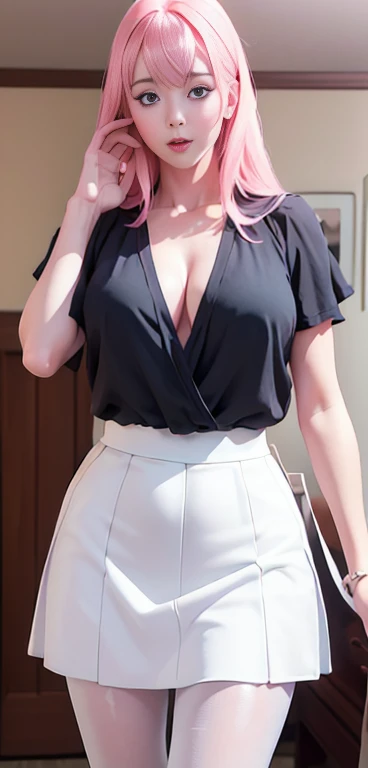 ((Top Quality、16K、​masterpiece:1.3))、a tall and beautiful woman、Perfect Figure:1.4、(dream aesthetic) Slim Abs, young natural girl (beautiful) solo, long voluminous pale-pink hair 、messy hairstyle (with hair bangs), turquoise-blue eyes, pale-white skin (highlighted, realistic shading),  No postural movement、Stand up straight、Huge bust、Highly detailed facial and skin texture、(A detailed eye, Symmetry Eyes, Clear realistic eyes, Double eyelidd、Cold-stricken face、Symmetrical face), very  realistic skin, goth makeup, Royal sisters full of fans、The Telegraph Esbian、peach buttocks, white shirt, black skirt, black tights, cleavage,  squart、(Raw foto:1.2)、((Photorealcitic:1.4))Top Quality、​masterpiece、Real Photography、very delicate and beautiful.、super detailed CG、Unity、8K photo wallpaper、delicate detail、best qualtiy、Highly detailed CG unity 8k wallpaper、absurderes、Incredibly Absurd、huge file size、extremely highly detailed、Hight Resolution、ighly Details、Beautiful detail girl、extremely beautiful eyes and face, cute eyes look、Facial light、cinematic lightings、(Proportional hips, thick thighs, beautiful legs, realistic pantyhose) 1girll、see -through, inside house、ulzzang-6500、The Telegraph Esbian, different poses at different angles,