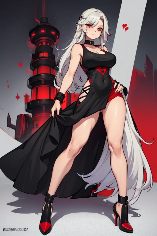 female, silver long hair with black highlights, red eyes, (((1girl))), (((red sleeveless dress))), (black heels), (black bracelets), (black choker with ruby), cute and sexy, full body, huge breasts, large butt, long legs, smiling