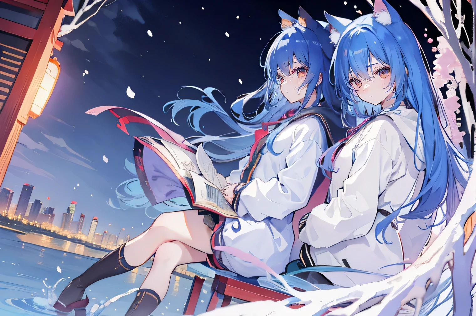 (masterpiece:1.2),Super detailed,lifelike,Expressive eyes,fair skin,perfect face shape,1 girl,
Japanese comics,Gorgeous blue hair,flowing blue hair,flowing clothes,Cat ears,Petals fall,beautiful lola,Baby Angel,
Cross your legs,Gentle and peaceful background,The pavilion is cool and comfortable,smile, wearing hoodie, background of tokyo,back views,snowing, winter.