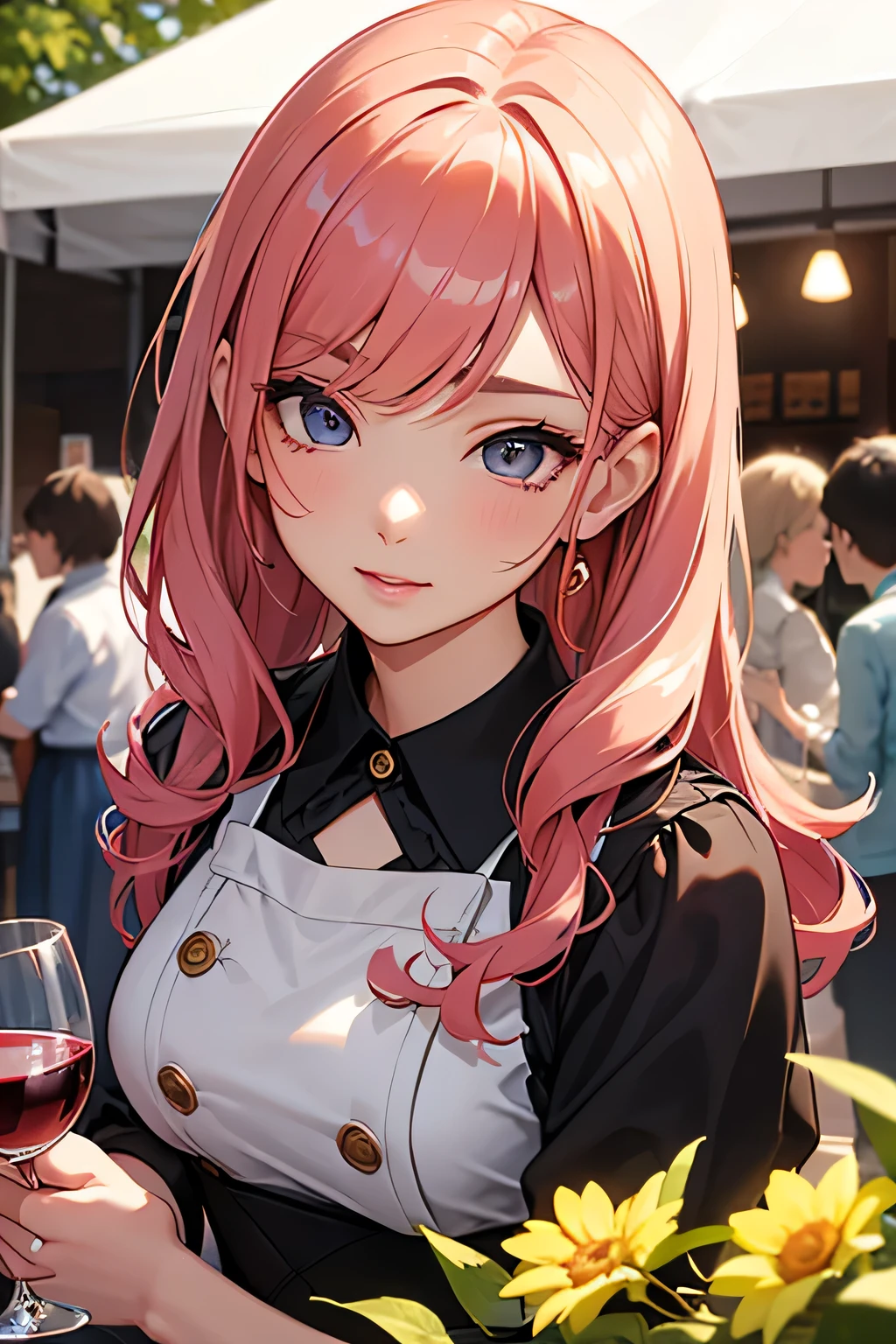 highest quality、High resolution、Detailed Background、(Beautiful face in every detail:1.4)、Anatomically correct、(Detailed facial expressions)、(Detailed eyes:1.2)、(Detailed eyes:1.2)、Beautiful girl in her 20s、(Highly detailed face:1.4)、Brightly colored hair、well-groomed eyebrows、Cute Eye Makeup、Cute Lip Makeup、Cute clothes with little exposure、Wine Festival、Feeling happy、Summer evening、A winery with a beautiful garden、Wine Festival、
Enjoy music and performances while sipping wine and delicious food、
Visit the colorful tents and booths々I enjoy a wide variety of wines.、
people々I am enjoying a wine tasting with a glass in my hand and am impressed by the taste of the wine in my mouth.、Around the venue, there are food trucks and restaurant booths where chefs serve delicious dishes.、To enjoy the pairing with wine々Hasama々I try new dishes and share them with my friends and family.