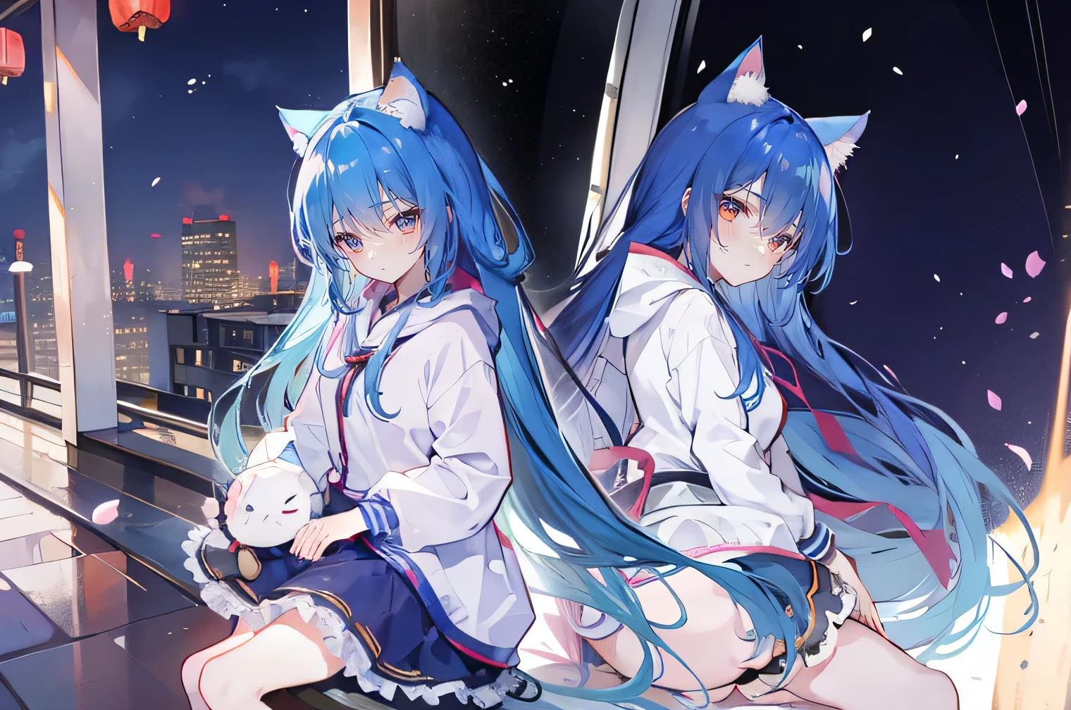 (masterpiece:1.uper detailed,lifelike,Expressive eyes,fair skin,perfect face shape,1 girl,
Japanese comics,Gorgeous blue hair,flowing blue hair,flowing clothes,Cat ears,Petals fall,beautiful lola,Baby Angel,
Cross your legs,Gentle and peaceful background,The pavilion is cool and comfortable,smile, wearing hoodie, background of tokyo,back views,snowing, winter.
