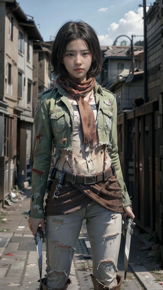 Mikasa, Masterpiece, Best quality, A high resolution, Short hair, Black eyes, Scarf, emblem, belt, thigh band, Red scarf, White pants, Brown jacket, Long sleeves, holding weapon, sword, dual wielding, Three-dimensional motorized gears, Arms spread wide, standing on one leg, Wide shot, sky, Highest quality, high resolution.(dirty, bruised, blood: 1.3), short hair, serious, angry, solo, (exposed torn clothes, torn clothes: 1.3), ruined city background,
