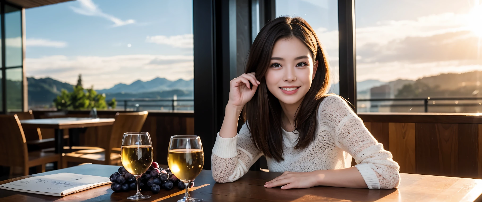 ((highest quality、8k、masterpiece:1.3))、Sharp focus:1.2、Beautiful woman perfect body:1.4、slimなボディ、((Bob Hale、Straight hair:1.2))、(to be born, highest quality, masterpiece:1.5), (Realistic, Intricate details:1.2), Ultra-high resolution, Amazing view of the sunset sky and clouds、Amazing mountain views、ニコニコ明るいsmile、smileの素敵な女性、Bright image、2. The beauty of wine, Beautiful Face, blue eyes, The light shines on your face, Blushing, short hair,Bright Face、Fox face、 (36 years old), 39 years old, Lady、red wine 、Appetizers、Italian food、Wine bottle、Champagne、sparkling wine、Two beauties、Brown Hair、Shortcuts、Long sleeve shirt、dress、Pretty Woman 1, (slimな顔), (The body is slim), (Brown Hair), (Shortcuts), cheeks turn a little red,Attractive beauty、, Out of the window, A beautiful and detailed night view unfolds.........., restaurant, In a prominent place (From the waist up) Nova Frog Style, actress, model, Upper Body, White wine, slim, wine glass, 真ん中に置かれたwine glass, smile, (smile: 1.15), Beautiful fine grain, Depth f/2,saturation, High Contrast, Strong light and shadow,Moist Body:1.5、3D texture、Delicate eyes、Brown Hair、The hair is very shiny、