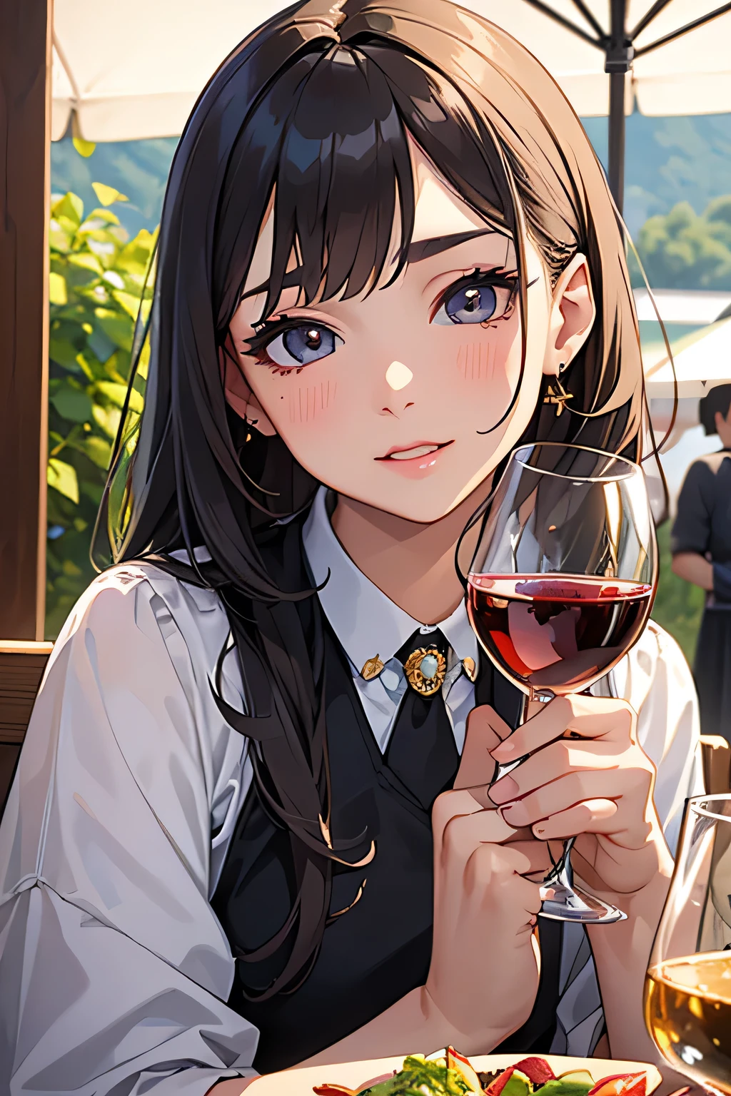 highest quality、High resolution、Detailed Background、(Beautiful face in every detail:1.4)、Anatomically correct、(Detailed facial expressions)、(Detailed eyes:1.2)、(Detailed eyes:1.2)、Beautiful girl in her 20s、(Highly detailed face:1.4)、Brightly colored hair、well-groomed eyebrows、Cute Eye Makeup、Cute Lip Makeup、Cute clothes with little exposure、Wine Festival、Feeling happy、Summer evening、A winery with a beautiful garden、Wine Festival、

Enjoy music and performances while sipping wine and delicious food、

Visit the colorful tents and booths々I enjoy a wide variety of wines.、
people々I am enjoying a wine tasting with a glass in my hand and am impressed by the taste of the wine in my mouth.、Around the venue, there are food trucks and restaurant booths where chefs serve delicious dishes.、To enjoy the pairing with wine々Hasama々I try new dishes and share them with my friends and family.