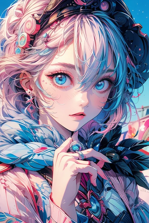 1lady,solo,cool,blue eye and pink eye,upper body,stare intently,from the front,colorful lady,vivid,colorful,brilliant,glorious