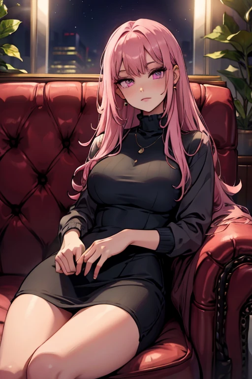 A pink haired woman with violet eyes with an hour glass figure in a sweatshirt dress is lounging on a couch
