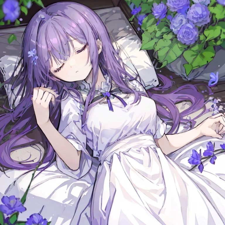 1 girl,Mature,Ample breasts,Purple Hair,Long Hair,cool,beautiful,Close ~ eyes,Sleeping with a calm expression,Lots of flowers,Lie on your back,Lying down,Sleeping,White Dress,Lots of flowersの中にLying down美女,The blue flowers that devour her body,Butterflies fluttering,gorgeous,High resolution