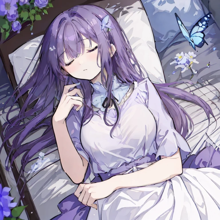 1 girl,Mature,Ample breasts,Purple Hair,Long Hair,cool,beautiful,Close ~ eyes,Sleeping with a calm expression,Lots of flowers,Lie on your back,Lying down,Sleeping,White Dress,Lots of flowersの中にLying down美女,The blue flowers that devour her body,Butterflies fluttering,gorgeous,High resolution