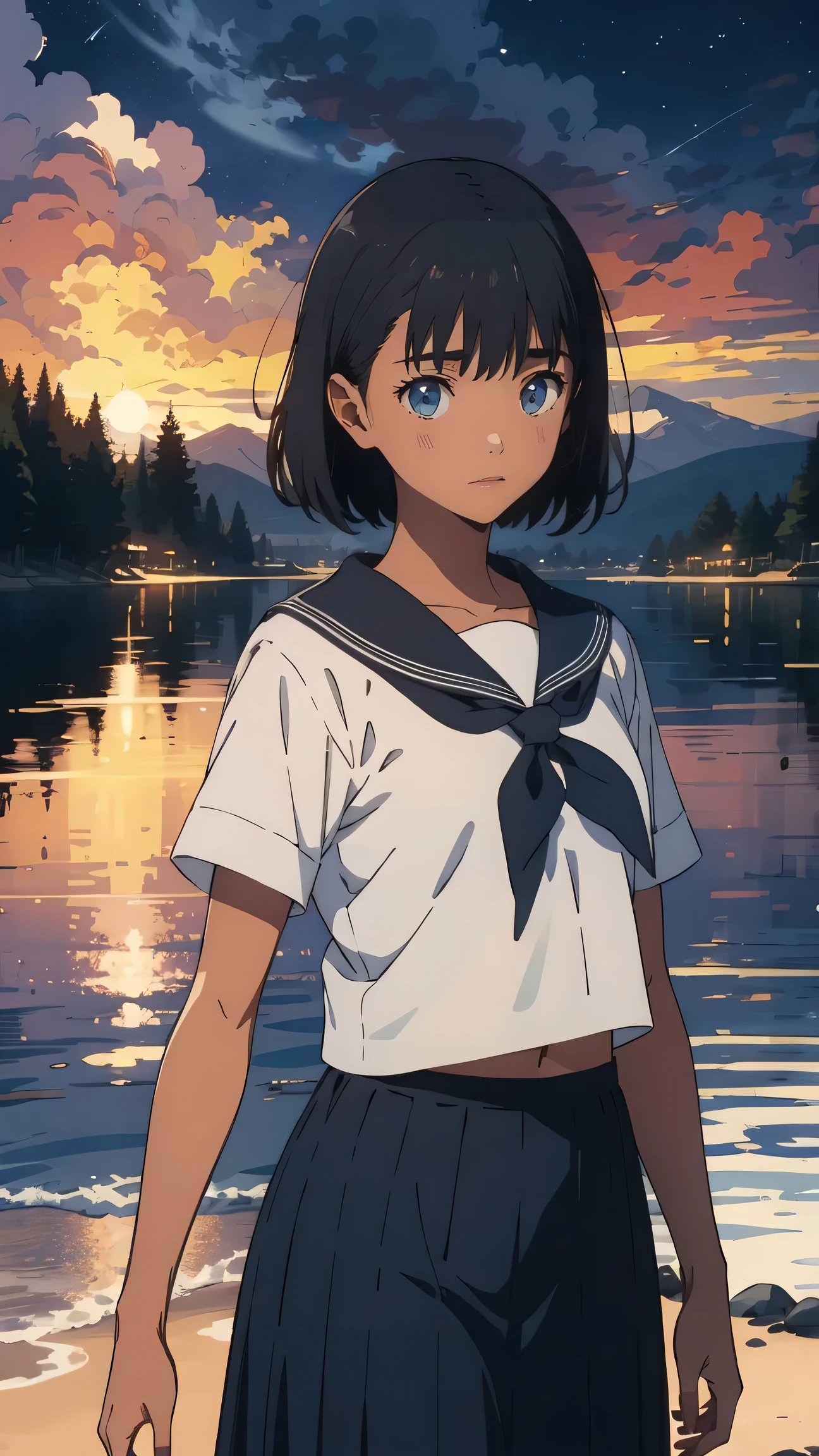 {{kofune mio}}, {summertime render}, blue eyes, black short hair, Calm expression,A faint blush, medium breasts, dark skin, dark-skinned female, white serafuku, short sleeves, black neckerchief, white sailor collar black pleated skirt,1girl, solo,very aesthetic, best quality, amazing quality, ,curated, illustration, highly detailed, anime coloring,Night sea background, BREAK,Golden Hour, (Rim Light):1.2, Warm tones, Solar flare, Soft Shadows, Vibrant colors, Painterly effect, Dream-like atmosphere BREAK Beautiful sea, Calm water, reflection, Clouds illuminated by the moon, Peaceful atmosphere, Beautiful starry sky, Super detailed, Official Art, unity 8k wallpaper , Tangled, Mandala