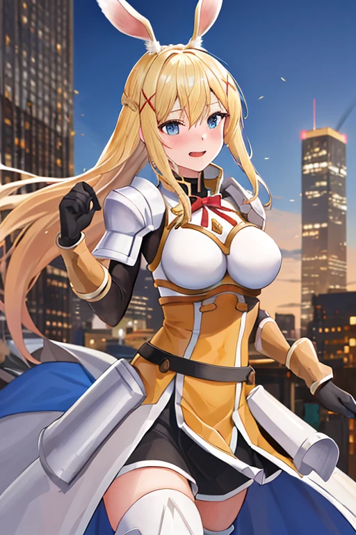 highest quality, High resolution, One girl, Long Hair, Blonde, x hair ornaments, armor, blue eyes, Wolf Cut, hair ornaments, gloves, shoulder armor, Braiding, black gloves, Scapula, White boots, darkness \(KonoSuba\), Large Breasts, Cowboy Shot, city, Outdoor, Embarrassed,Bunny girl