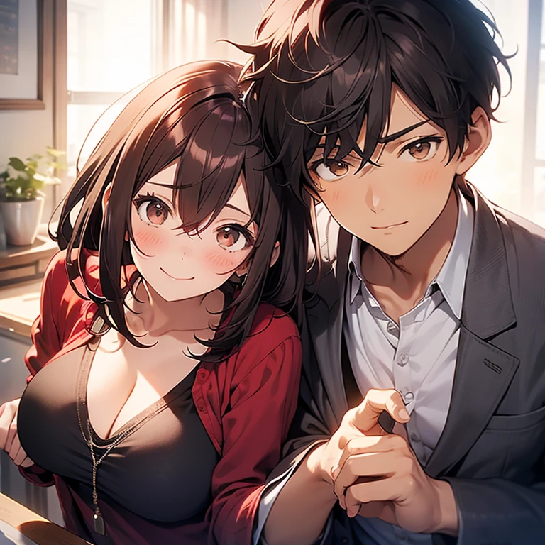 Couple, 1 girl 1 boy, different hair color, long red dark hair, short brown hair, romance, girl has big breasts