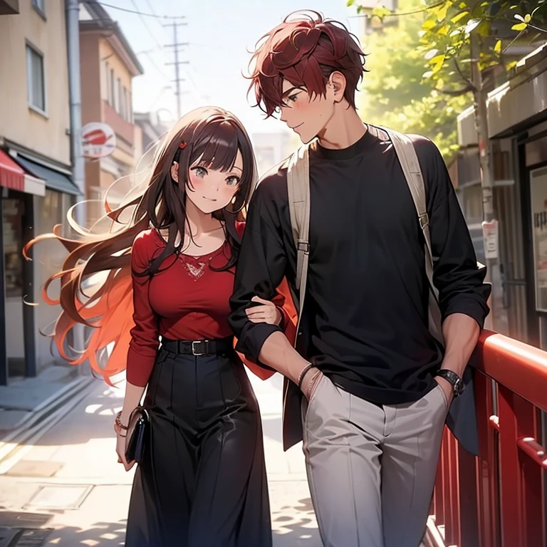 Couple, 1 girl 1 boy, different hair color, long red dark hair, short brown hair, romance, girl has big breasts