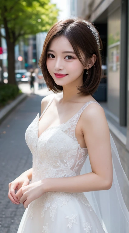 Tabletop, highest quality, figure, Very detailed, In detail, High resolution, 8k wallpaper, Perfect dynamic composition, Beautiful fine details, White Wedding Dress,Medium Hair, Center of chest, Natural color lip, Random sexy poses,smile,Aoyama Street Walk、20-year-old girl