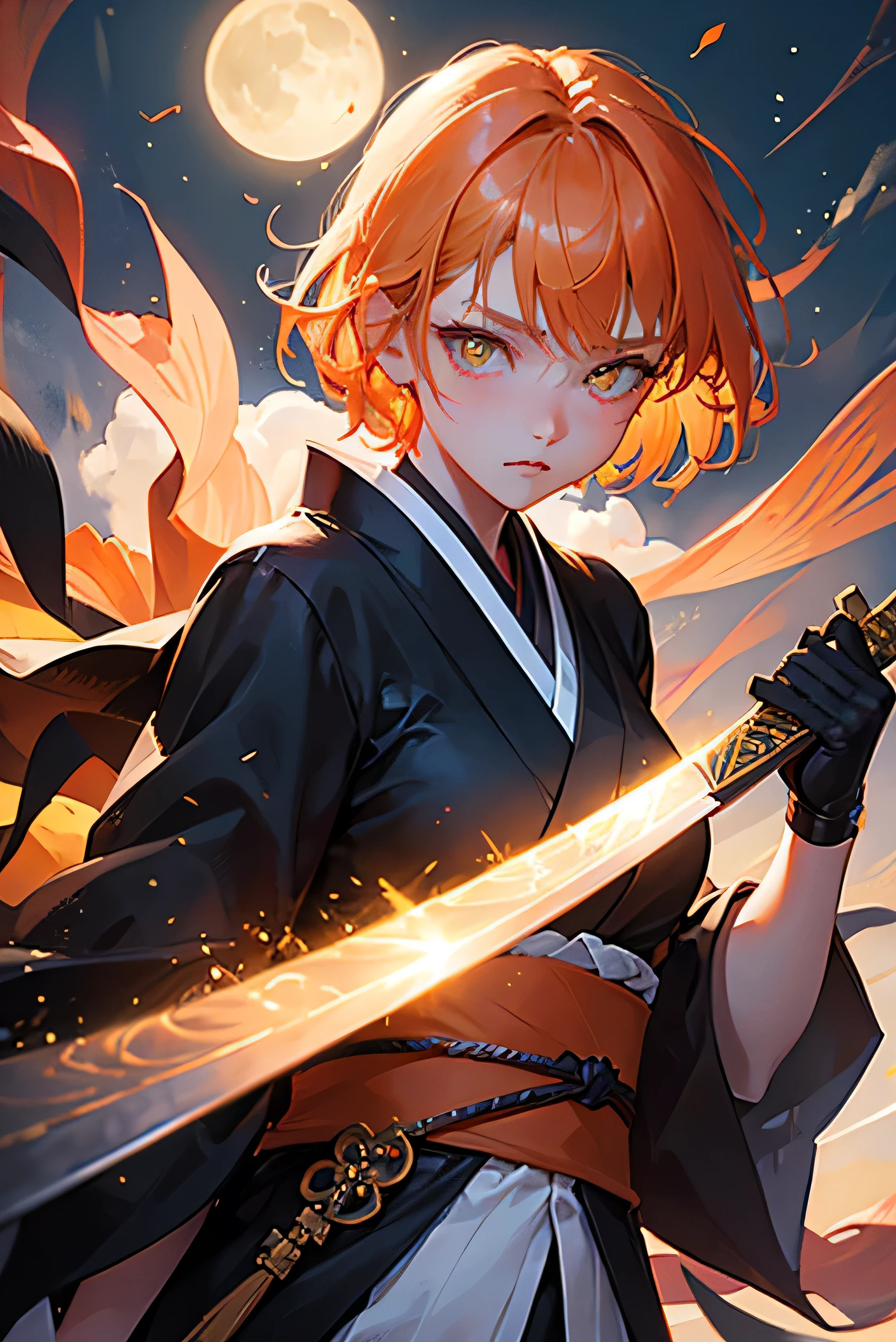 masterpiece, highest quality, so beautiful、Latest、Cool girl, Orange Hair, short hair, Yellow Eyes、Shining Eyes、An adult woman wearing a black kimono and holding a sword、Fighting Pose、Moonlit Night、Demon slayer、Face close-up