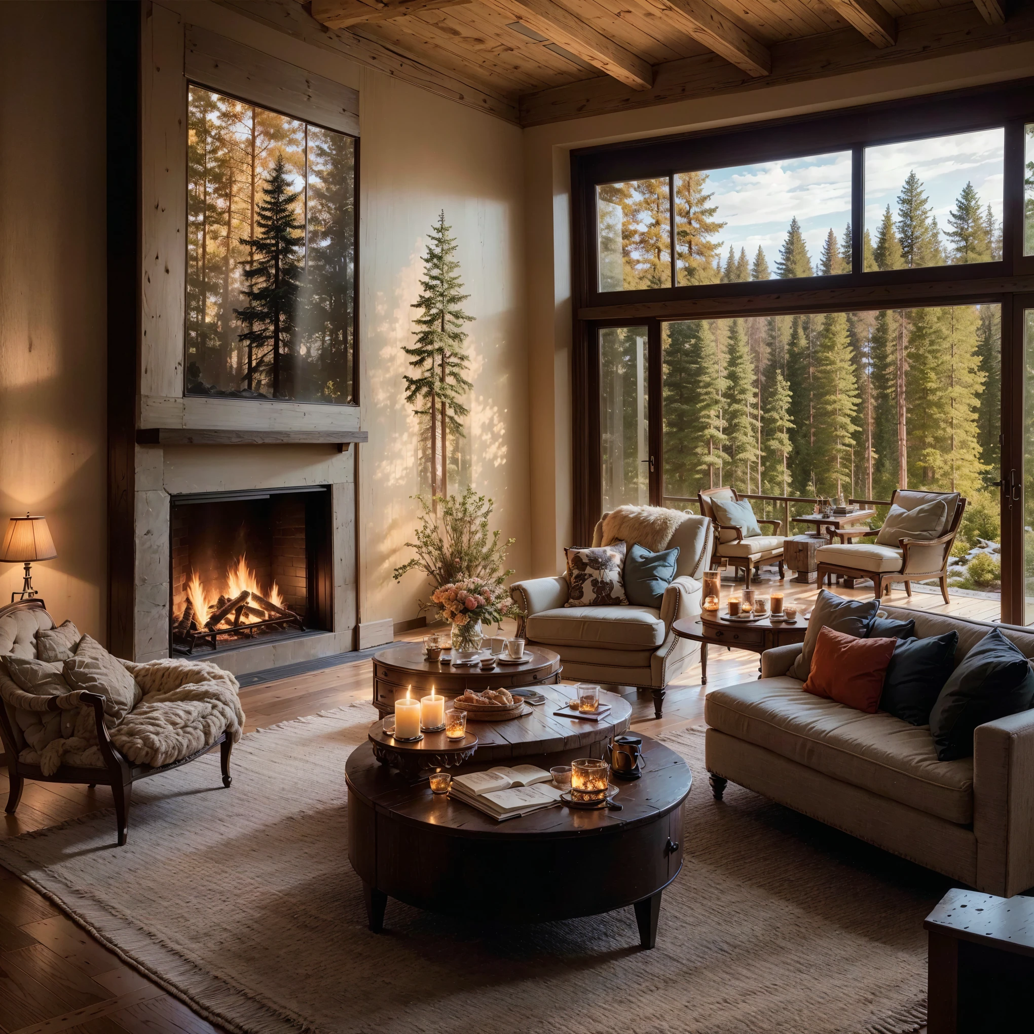 THIS EVENING WOODEN CABIN LIVING ROOM ANIME BACKGROUND, (COZY ATMOSPHERE), (SUBTLE LIGHTING), BRIGHT STONE FIREPLACE FIRE, LIONSKIN RUG THIS EVENING BEST QUALITY, TRANSPARENT GLASS WINDOWS