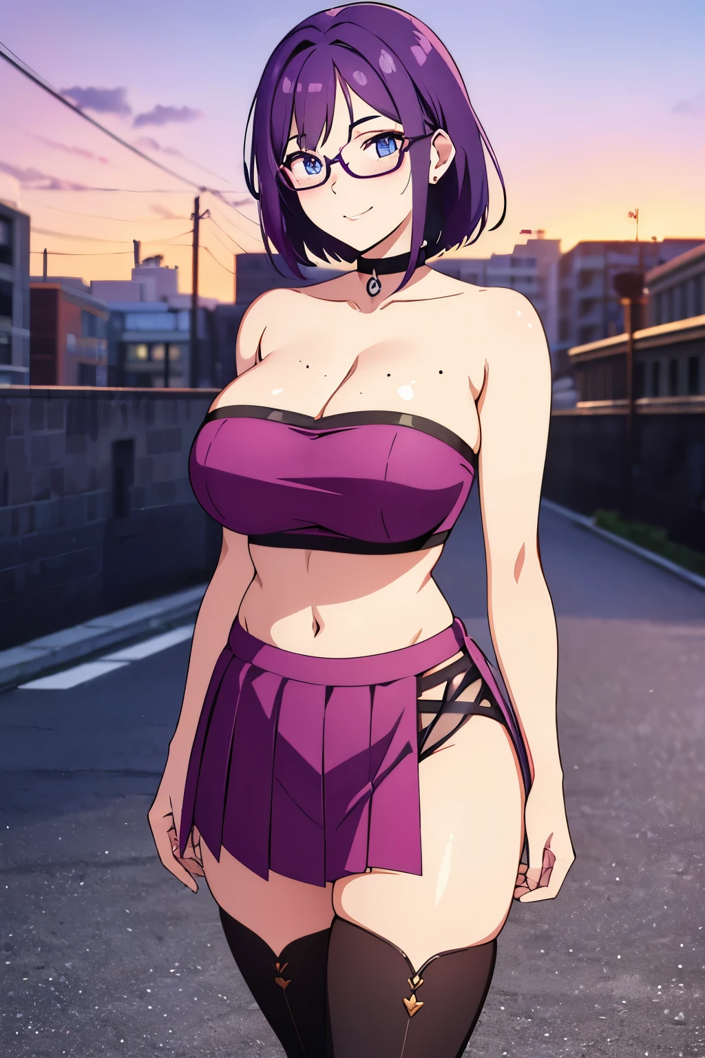 Beautiful teenager, 1girl, purple hair, extremely short hair, blue eyes, freckles on face, happy, smiling, thin frame eyeglasses, thick lips, full lips, huge breasts, extreme cleavage, deep cleavage, very thin body, strapless tube top, underboob, midriff, sleeveless, bare arms, tiny pleated miniskirt, skirt barely covering panties, thigh boots, heart shaped choker, perfect anatomy, ultra-detailed, 4k, 8k, best quality, masterpiece, model, modeling, posing for camera, city alley background, late evening, sunset