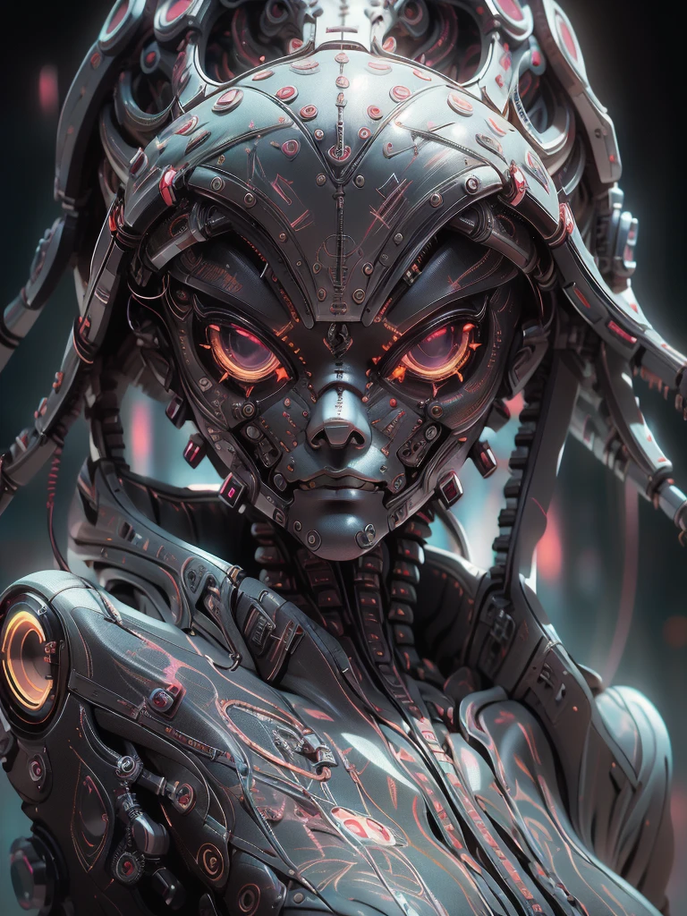 Topic prompt: "black, death scythe, hellish horror, view, torn clothes, looking down, illustrations, high resolution, ultra detail, dark fantasy, sharp focus, vibrant colors, dramatic lighting, bokeh." ". female robot pilot, mechanical creature, electronic wires transmit computer nerves, girl's face, dystopian surrealism, Alex Rice Zdzisaw Beksinski Giger, very intricate details, Chinese woman demon, deep glowing eyes contain galaxies, head contains nebula, deep aesthetics, concept art, carved silver circuits, diodes, resistors, semiconductors, ornate.