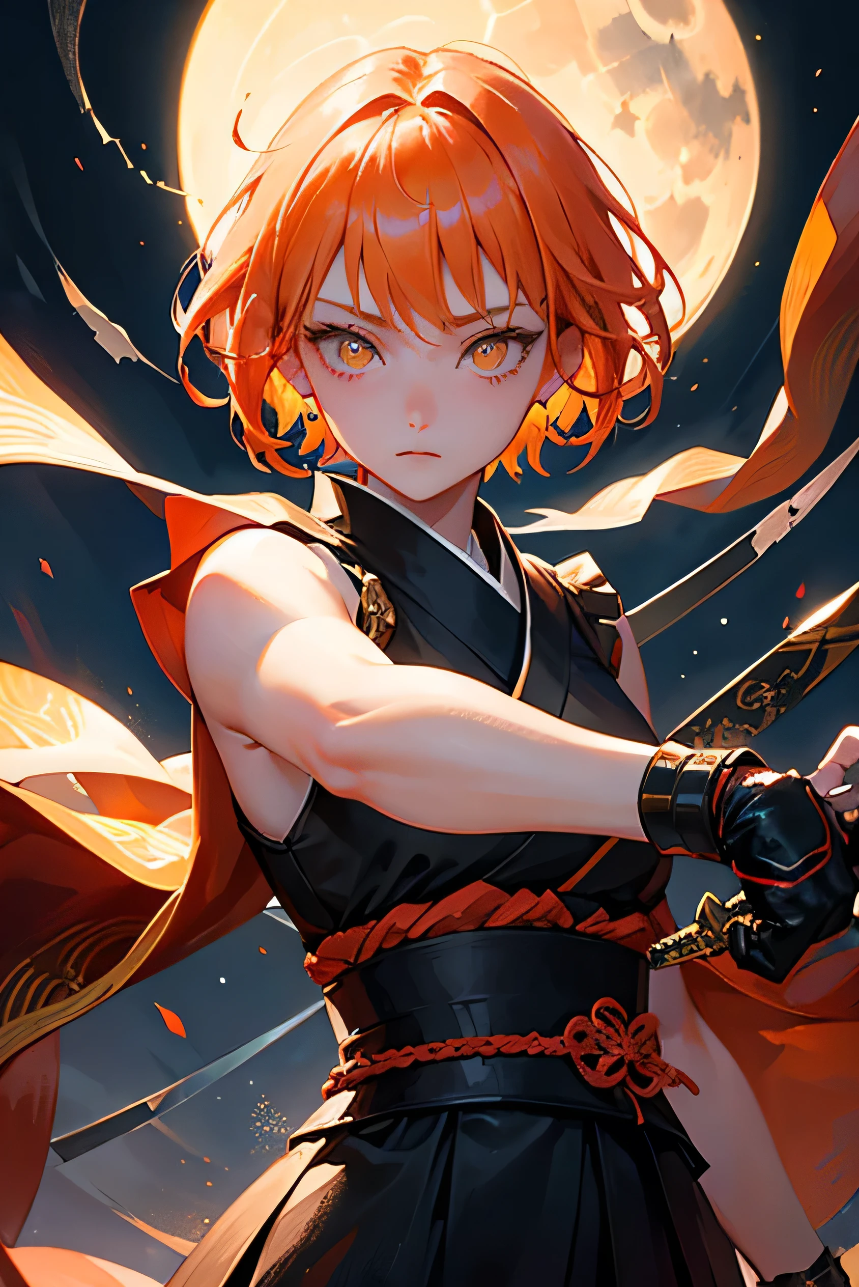 masterpiece, highest quality, so beautiful、Latest、Cool girl, Orange Hair, short hair, Yellow Eyes、Shining Eyes、An adult woman wearing a black kimono and holding a sword、Fighting Pose、Moonlit Night、Demon slayer、Face close-up