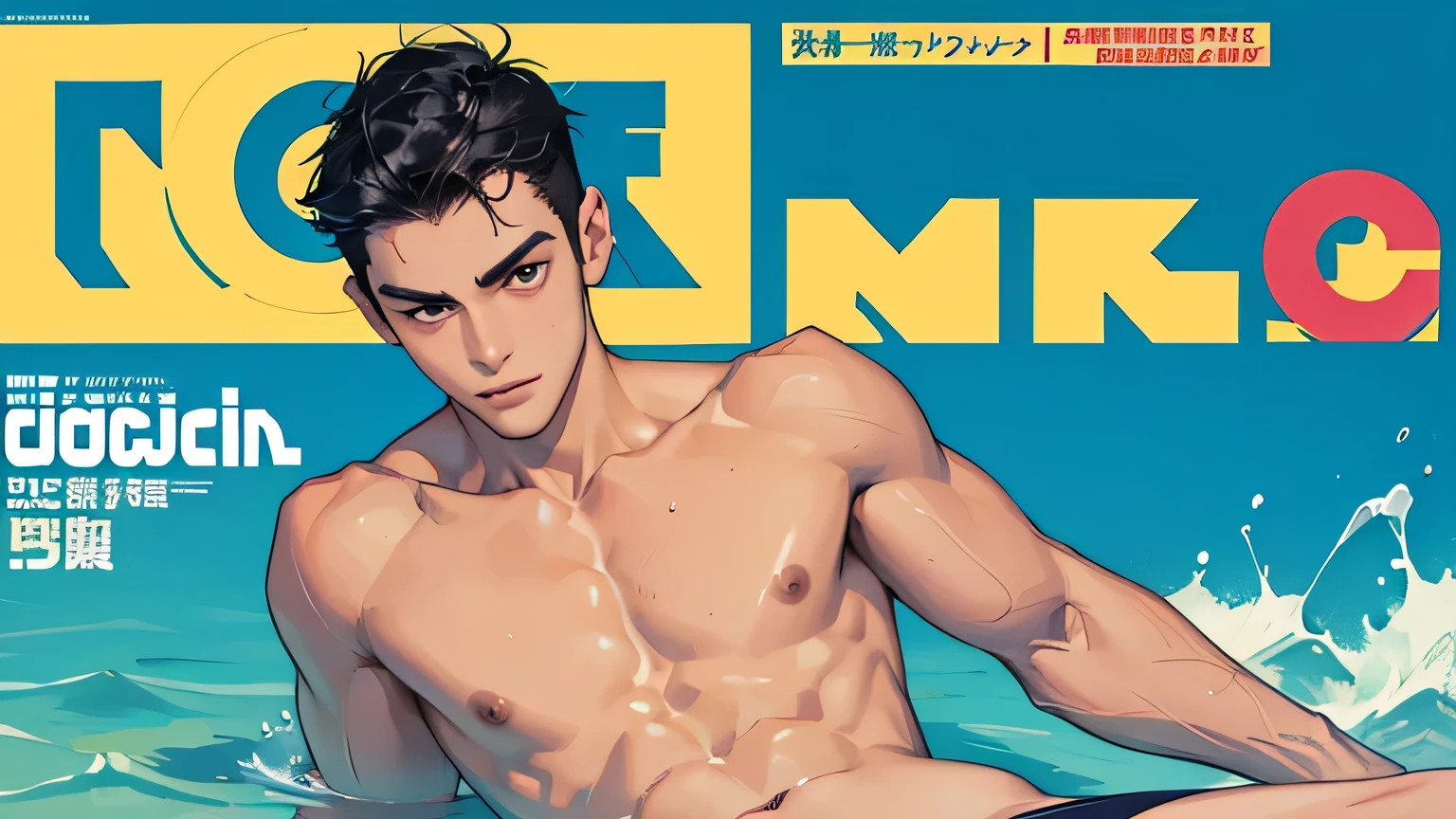 Handsome Black hair cut 1 swimmer Very small and tight cerulean blue speedo swimwear briefs for men Upper body naked Looking up from the feet Magazine Cover Magazine Cover Swimming magazine cover