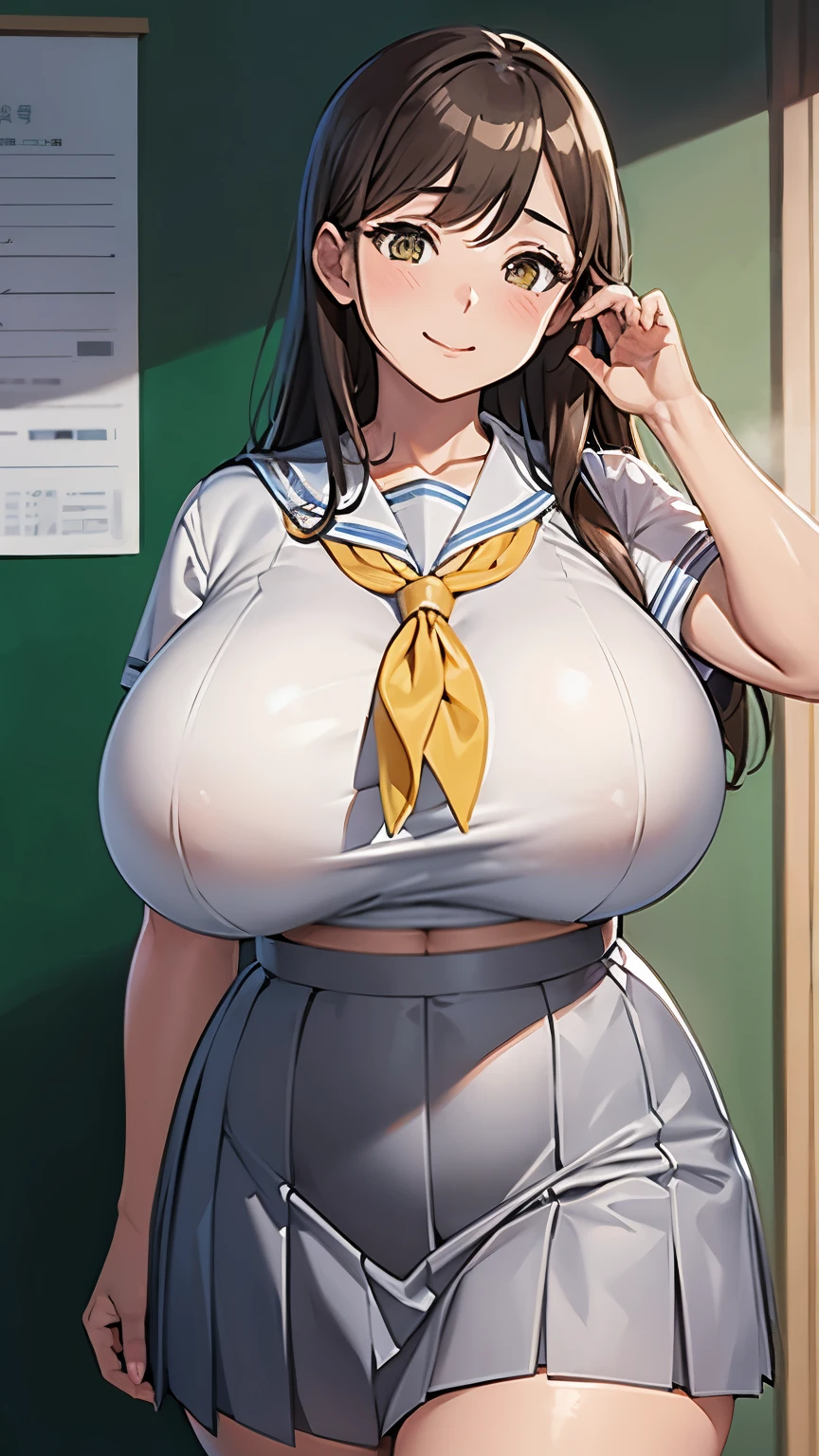 masterpiece, best quality,solo, (kunikida hanamaru), curvy body, (grey skirt:0.981), (school uniform:0.981),(uranohoshi school uniform:0.959), midriff,(smile:0.935), (pleated skirt:0.918), (breasts:0.878), (brown hair:0.875), (sailor collar:0.755), (neckerchief:0.749), (looking at viewer:0.699), (gigantic breasts:1.3),(blush:0.605), llchar, (Skin tight:1.2), School, class, Blush, standing, Closed mouth, sfw,