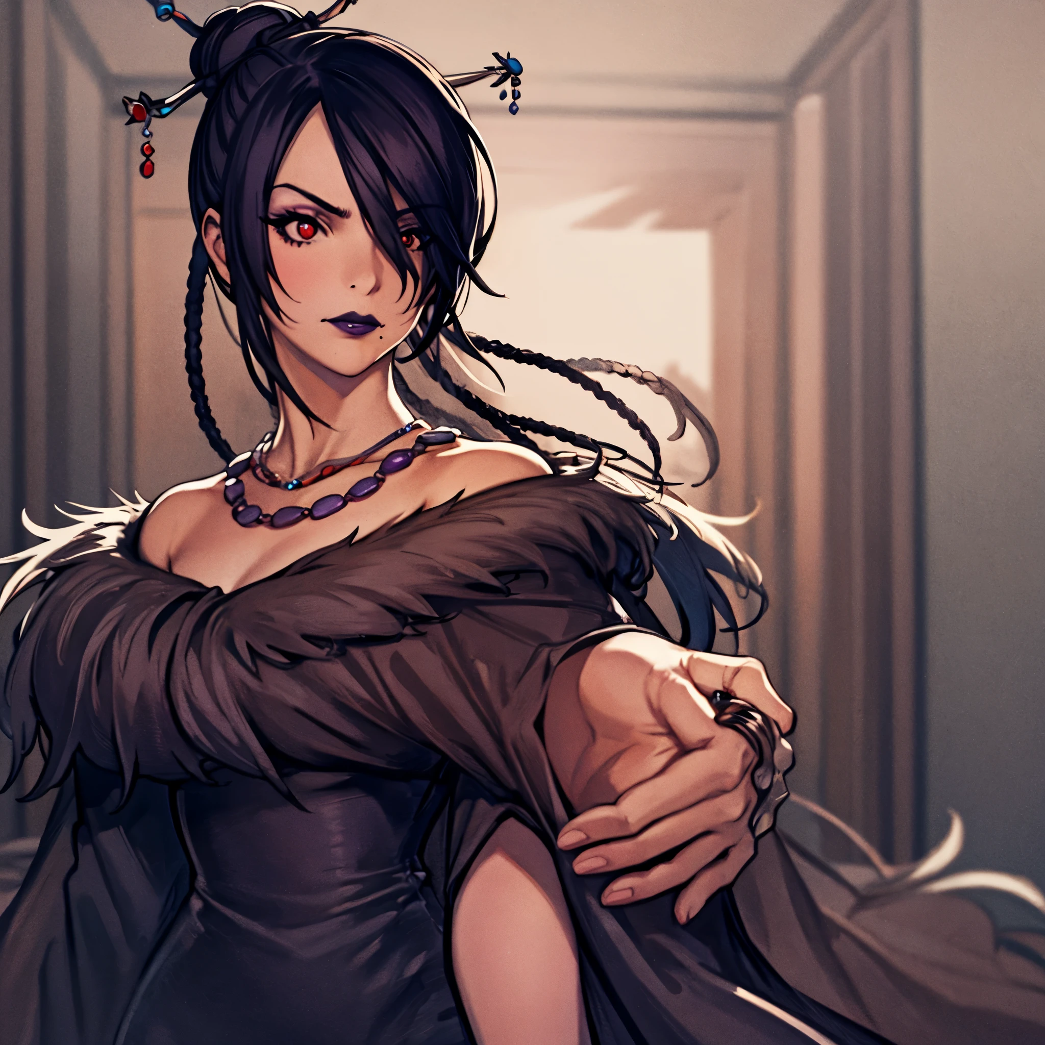 Masterpiece, solo, 1girl, upper body, lulu_ff10, red eyes, jewelry, mole, purple lipstick, hair bun, fur trim