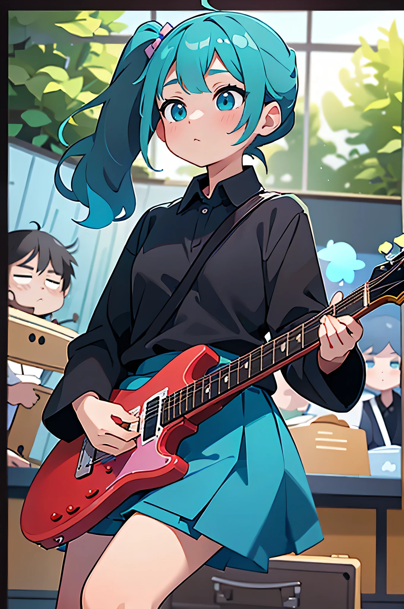 ((masterpiece, highest quality))One girl, alone, Black Dress, blue eyes, electric guitar, guitar, Headphones, Double Ponytail, Holding, Holding plectrum, musical instrument, Long Hair, music, One side up, Turquoise Hair, Twin tails, Playing guitar, Pleated skirt, Black Shirt, interior