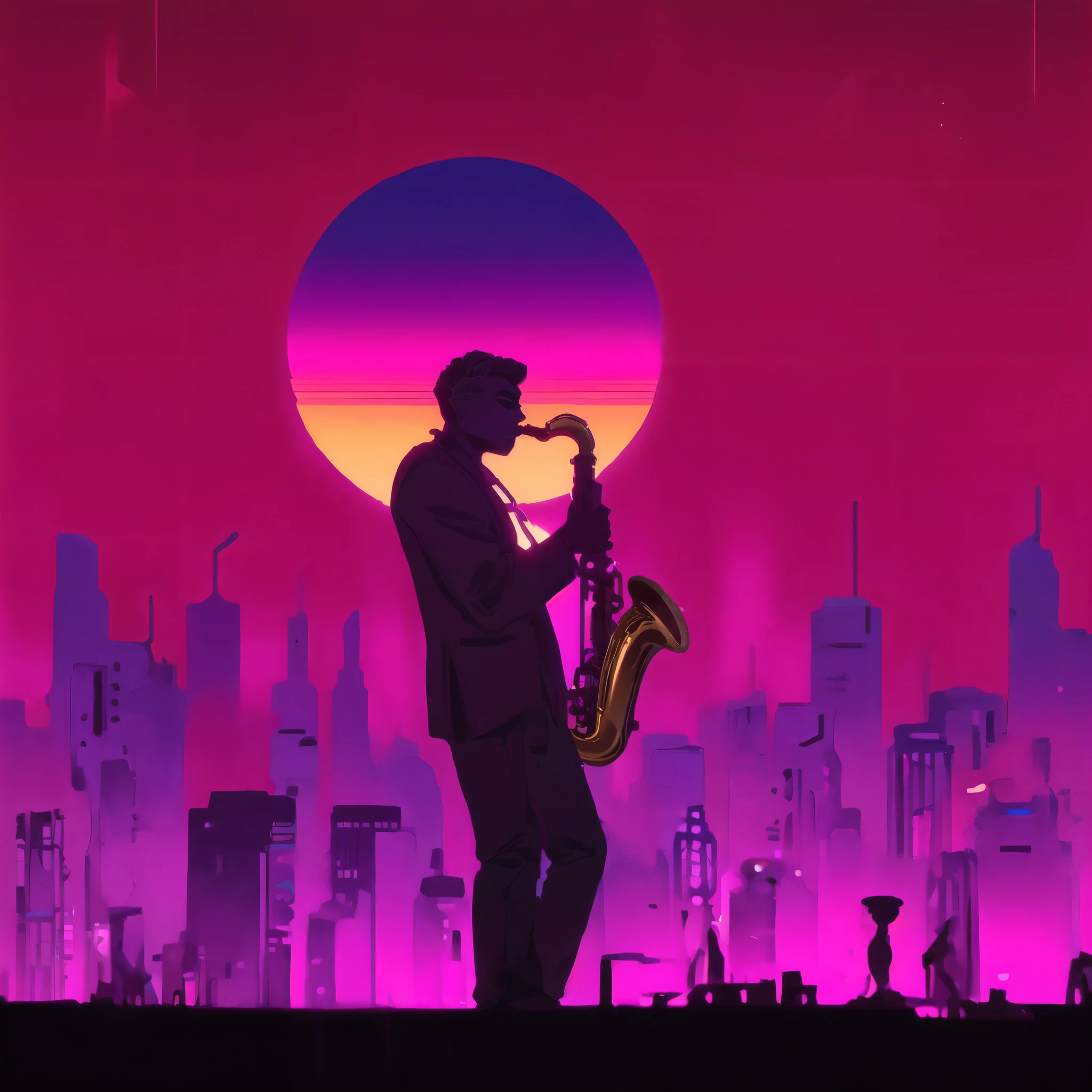 a close up of a person playing a Saxophone in front of a city, Saxophone, Synthwave city, jazz album cover, Just a joke, Synthwave art, musician, Synthwave image, Synthwave art style, Atei Gailan Style, Synthwave, Synthwave style, Saxophones, Synthwave art style ]!!, stylized digital illustration