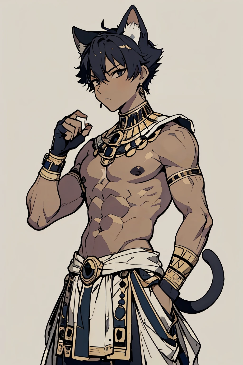 (masterpiece, best quality:1.2), 1 boy, Fighting Stance，Handheld weapons，Indifferent dual mode，Solitary，mural，Egyptian style，Retro colors，Cool gray tones，Full size photo，Animal characteristics，Cat ear，Tail，Dark art style