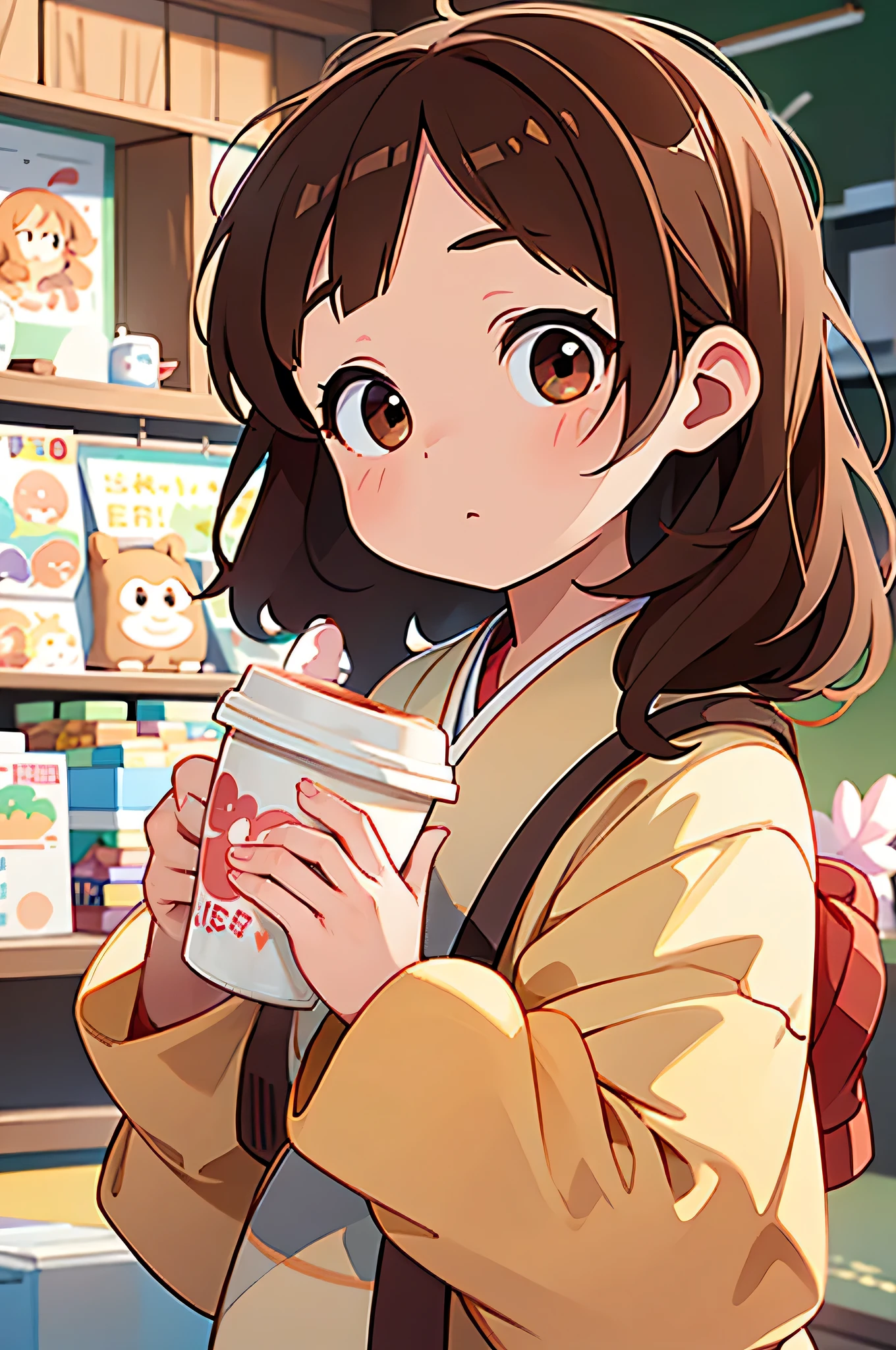 Young girl holding a coffee cup in her hands, pretty girl, Cute face, Cute face, Sakimi-chan, Chiho, Yoshitomo Nara, Young and cute face, Beautiful Japanese girl face, Brown hair and big eyes, Cute pretty girl, beauty