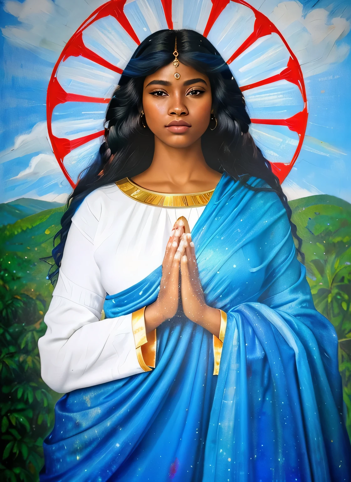 uma pintura de uma mulher com um vestido azul e um sol vermelho, padroeiro de 🛸🌈👩🏾, majestic mulher santa, deusa do amor e da paz, Sagrado feminino, queen of heaven, inspired by Angel Botello, por Juan O&#39;Gorman, retrato de deusa, deusa feminina de pele escura do amor, mulher santa, retrato de uma deusa