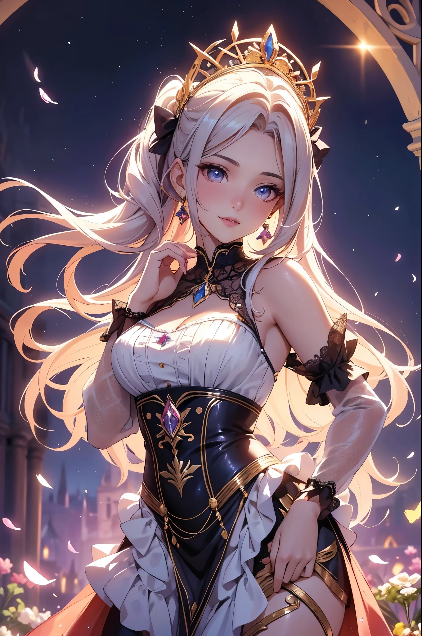 (best quality,4k,8k,highres,masterpiece:1.2),ultra-detailed,(realistic,photorealistic,photo-realistic:1.37),acrylic painting,beautiful Spanish model in a Lolita dress with downy hair,beautiful Spanish model with extremely colorful hair and detailed facial features,beautiful Spanish model standing in a beautiful garden surrounded by a starry sky,beautiful Spanish model wearing a vibrant Lolita dress,beautiful Spanish model with intricate accessories and a matching hat,beautiful Spanish model posing gracefully with her hands on her hips,beautiful Spanish model with long flowing twintails,beautiful Spanish model with bright blue eyes and rosy lips,beautiful Spanish model with a joyful expression,beautiful Spanish model in a dynamic pose with cherry blossoms falling around her,beautiful Spanish model surrounded by colorful flowers and butterflies,beautiful Spanish model's dress adorned with cute bows and lace details,beautiful Spanish model with an enchanting smile,beautiful Spanish model with soft, pastel-colored shading,beautiful Spanish model with a magical glow illuminating her,beautiful Spanish model in a picturesque setting with a winding path leading to a magnificent castle,beautiful Spanish model holding a microphone and singing passionately,beautiful Spanish model with a fairytale-like background,beautiful Spanish model with a soft, dreamy atmosphere,beautiful Spanish model with a subtle bokeh effect,beautiful Spanish model standing under a moonlit sky,beautiful Spanish model with a warm, golden sunset in the background,beautiful Spanish model surrounded by twinkling stars and colorful nebulae,creating an ethereal and captivating artistic masterpiece.