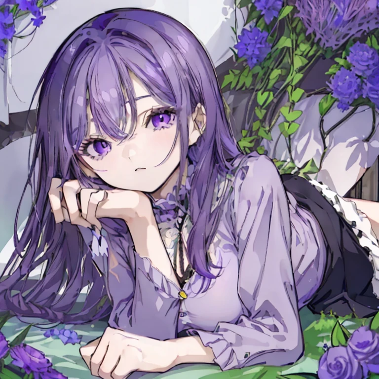 1 girl,Mature,Ample breasts,Purple Hair,Long Hair,Purple Eyes,Sharp Eyes,Squint your eyes,Long eyelashes,Beautiful as a doll,Lying down,Lie on your back,Covered with lots of flowers,A lot of flowers covering the body,blue flower,gorgeous,High resolution