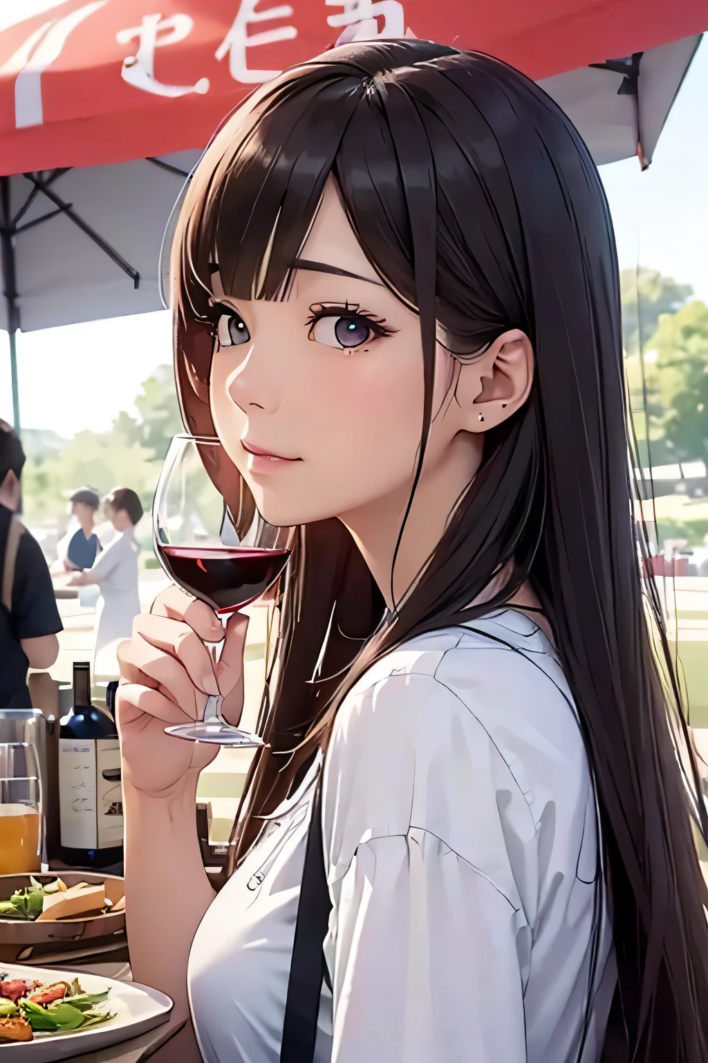 Gal、Wearing a tank top、restaurant、Drinking wine、Close-up of face、Staring at me、laughing、Her hair is brown.、Around 25 years old、Anime style illustrations