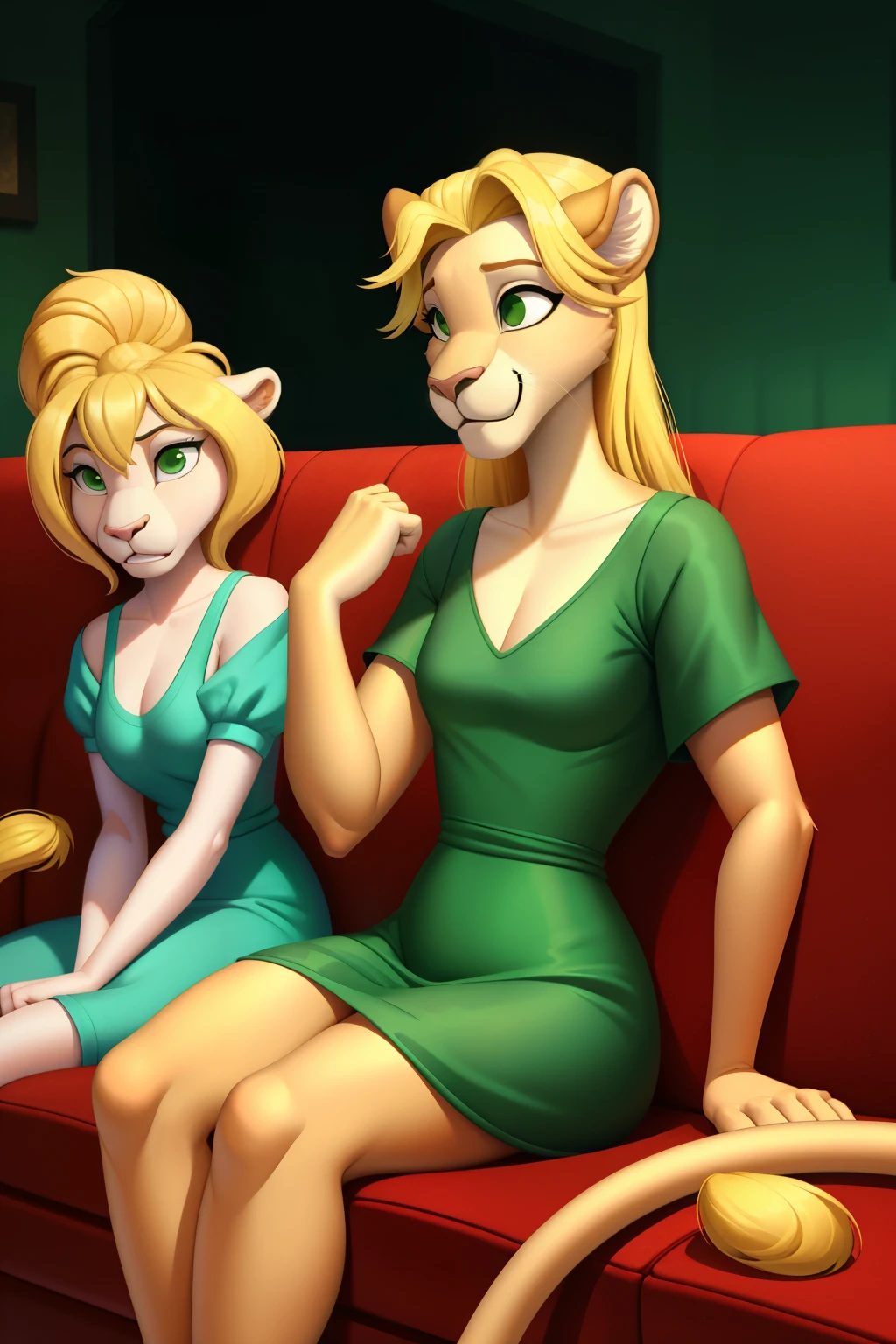 1 girl, hypnotized housewife, lioness anthro, blonde hair, green eyes, empty eyes, green dress, sitting on couch, at home, mind-controlled, hypnotized, dazed, 3D Disney style