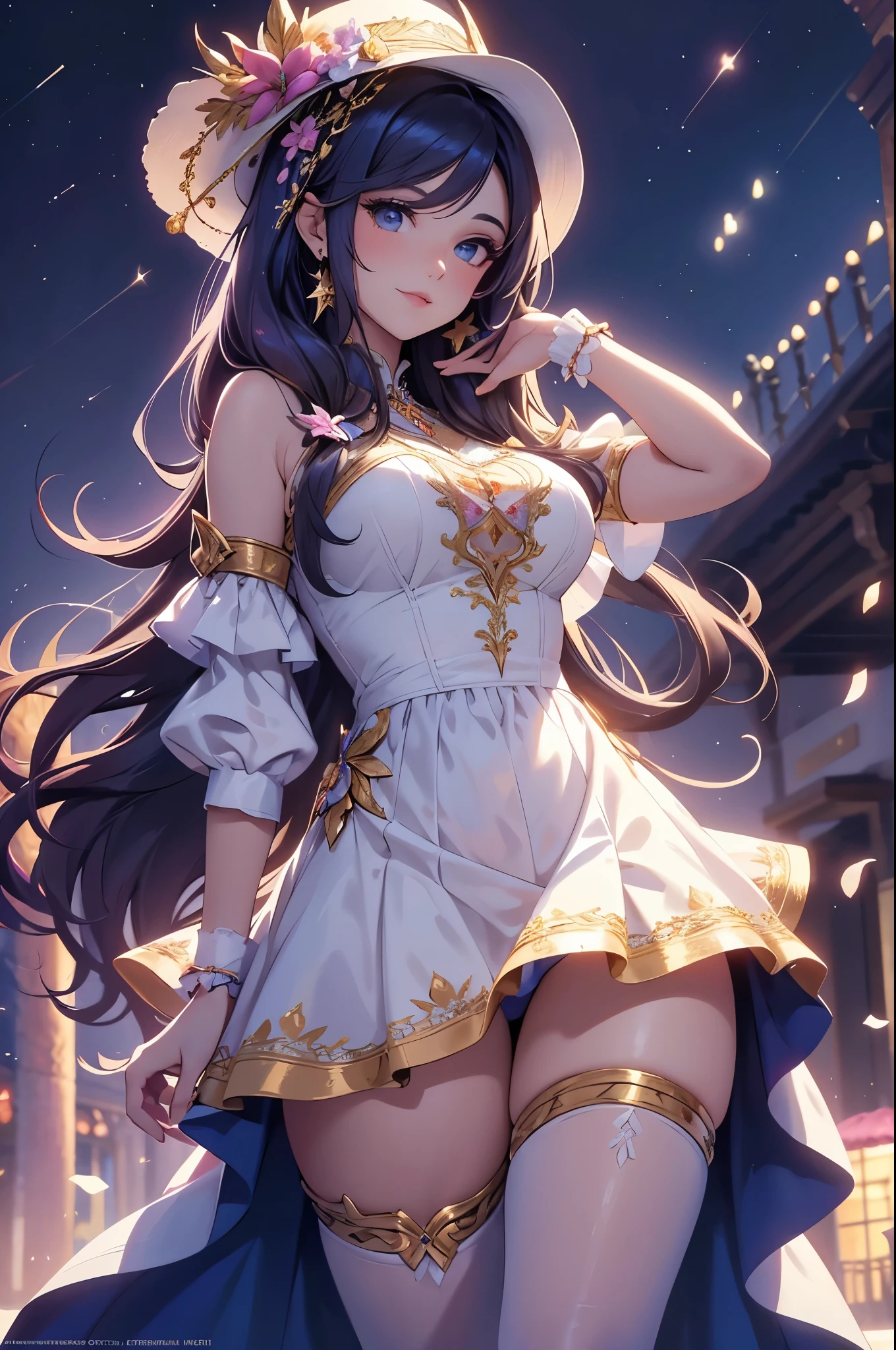 (best quality,4k,8k,highres,masterpiece:1.2),ultra-detailed,(realistic,photorealistic,photo-realistic:1.37),acrylic painting,beautiful Spanish model in a ta dress with downy hair,beautiful Spanish model with extremely colorful hair and detailed facial features,beautiful Spanish model standing in a beautiful garden surrounded by a starry sky,beautiful Spanish model wearing a vibrant Loliress,beautiful Spanish model with intricate accessories and a matching hat,beautiful Spanish model posing gracefully with her hands on her hips,beautiful Spanish model with long flowing twintails,beautiful Spanish model with bright blue eyes and rosy lips,beautiful Spanish model with a joyful expression,beautiful Spanish model in a dynamic pose with cherry blossoms falling around her,beautiful Spanish model surrounded by colorful flowers and butterflies,beautiful Spanish model's dress adorned with cute bows and lace details,beautiful Spanish model with an enchanting smile,beautiful Spanish model with soft, pastel-colored shading,beautiful Spanish model with a magical glow illuminating her,beautiful Spanish model in a picturesque setting with a winding path leading to a magnificent castle,beautiful Spanish model holding a microphone and singing passionately,beautiful Spanish model with a fairytale-like background,beautiful Spanish model with a soft, dreamy atmosphere,beautiful Spanish model with a subtle bokeh effect,beautiful Spanish model standing under a moonlit sky,beautiful Spanish model with a warm, golden sunset in the background,beautiful Spanish model surrounded by twinkling stars and colorful nebulae,creating an ethereal and captivating artistic masterpiece.