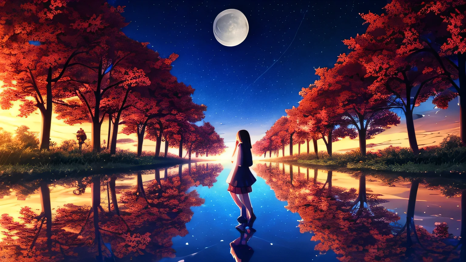 (One girl), scenery,null,reflection,full moon,night