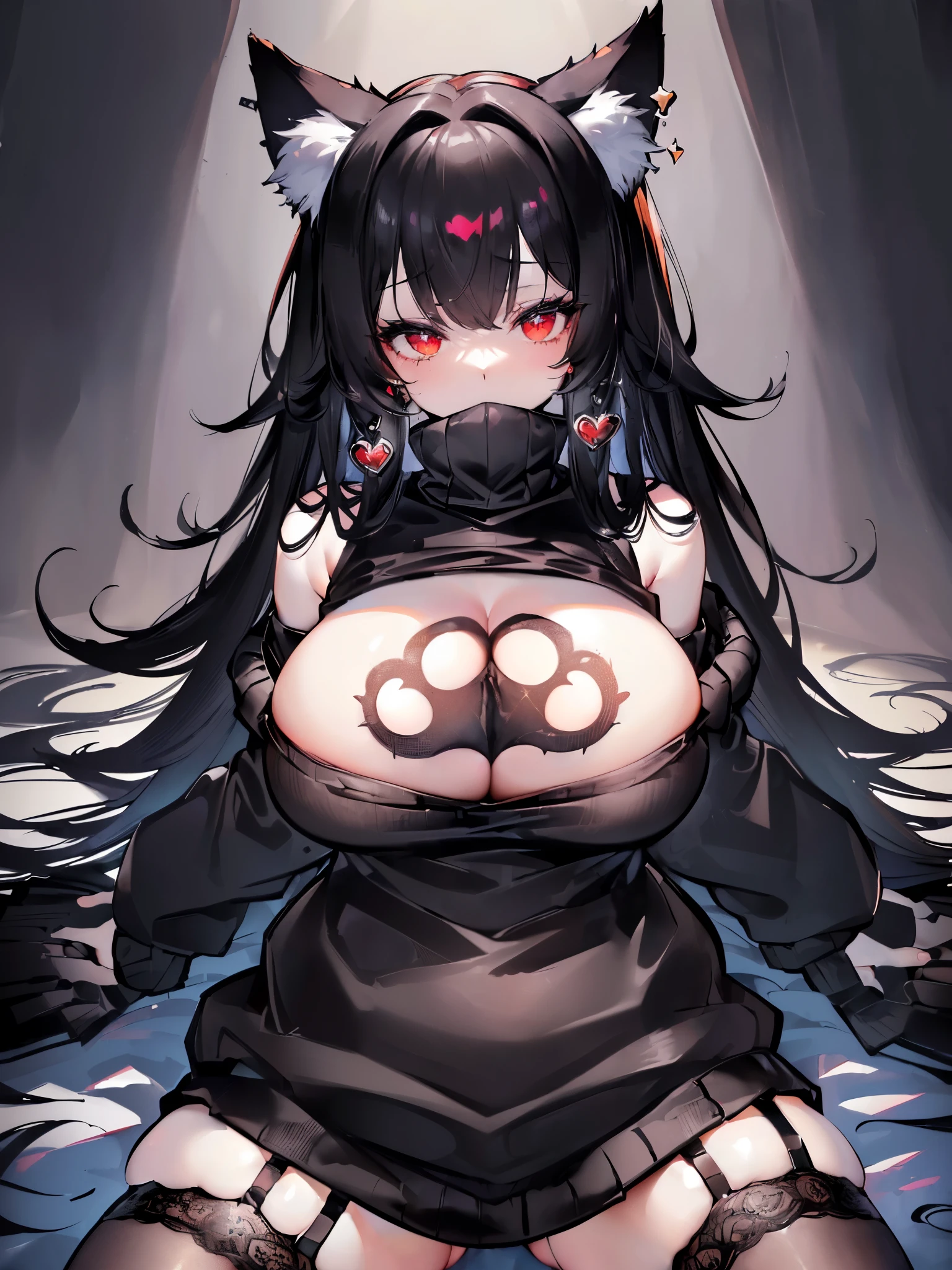((Huge breasts!)),((Fluffy black sweater!)),((Fluffy black garter belt!)),((Attractive plump body!)),((master piece)),((best quality)), ((high resolution)),(( ultra-detailed)),beautiful detailed face,deep detailed eyes,((arms up behind)),((lie down)),((sleep)),((sparkling eyes)),((heart earrings)),((shy)),((Spread your legs wide!)),((Spread your legs!)),((Showing off your crotch!)),((Fluffy black sweater!)),((Fluffy Garter Belt!)),(Red Eyes),(Fluffy cat ears)),((Big cat ears)),((Fluffy black sweater!)),((Fluffy black garter belt!)),((Open the chest)),((Fluffy black clothes)),((Large Breasts!)),((Big Tits!)),((Big Breasts!)),((Black Hair)),((Fluffy clothes)),((tits)),((Fox's Tail)),((Fluffy tail)),((Fluffy cat ears)),(Black Hairロング),((Messy Hair)),((Fluffy tail)),((Big cat ears!)),(first round),((大きいtits)),((Huge breasts!)),((大きい大きいtits!)),((立派なBig cat ears)),((Attractive areola!)),((魅力的なLarge areola!)),((Large areola!)),((魅力的な大きいtits)),((魅力的なLarge Breasts)),