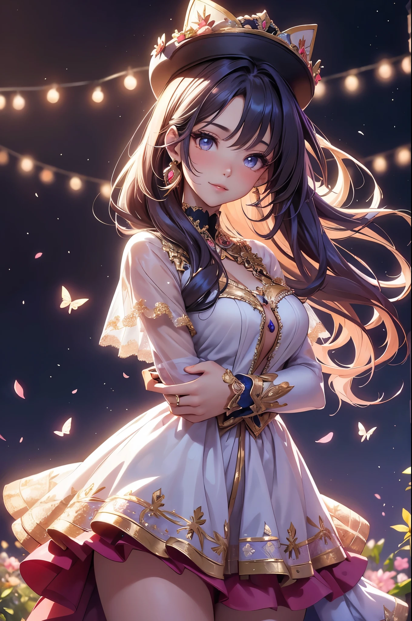 (best quality,4k,8k,highres,masterpiece:1.2),ultra-detailed,(realistic,photorealistic,photo-realistic:1.37),acrylic painting,beautiful Spanish model in a ta dress with downy hair,beautiful Spanish model with extremely colorful hair and detailed facial features,beautiful Spanish model standing in a beautiful garden surrounded by a starry sky,beautiful Spanish model wearing a vibrant Loliress,beautiful Spanish model with intricate accessories and a matching hat,beautiful Spanish model posing gracefully with her hands on her hips,beautiful Spanish model with long flowing twintails,beautiful Spanish model with bright blue eyes and rosy lips,beautiful Spanish model with a joyful expression,beautiful Spanish model in a dynamic pose with cherry blossoms falling around her,beautiful Spanish model surrounded by colorful flowers and butterflies,beautiful Spanish model's dress adorned with cute bows and lace details,beautiful Spanish model with an enchanting smile,beautiful Spanish model with soft, pastel-colored shading,beautiful Spanish model with a magical glow illuminating her,beautiful Spanish model in a picturesque setting with a winding path leading to a magnificent castle,beautiful Spanish model holding a microphone and singing passionately,beautiful Spanish model with a fairytale-like background,beautiful Spanish model with a soft, dreamy atmosphere,beautiful Spanish model with a subtle bokeh effect,beautiful Spanish model standing under a moonlit sky,beautiful Spanish model with a warm, golden sunset in the background,beautiful Spanish model surrounded by twinkling stars and colorful nebulae,creating an ethereal and captivating artistic masterpiece.